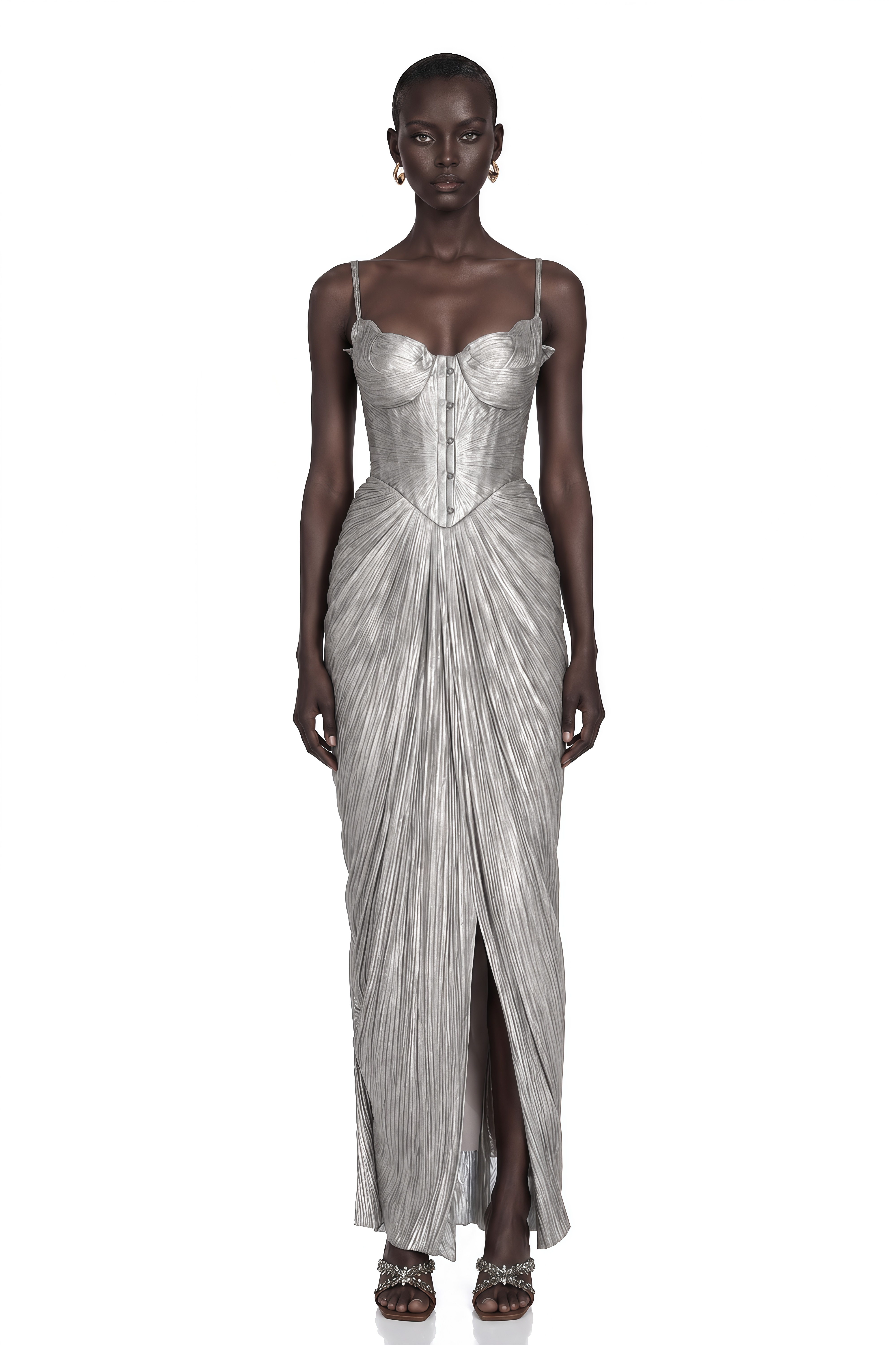 Nicoletta Silver Glossy Pleated Corset Maxi Dress