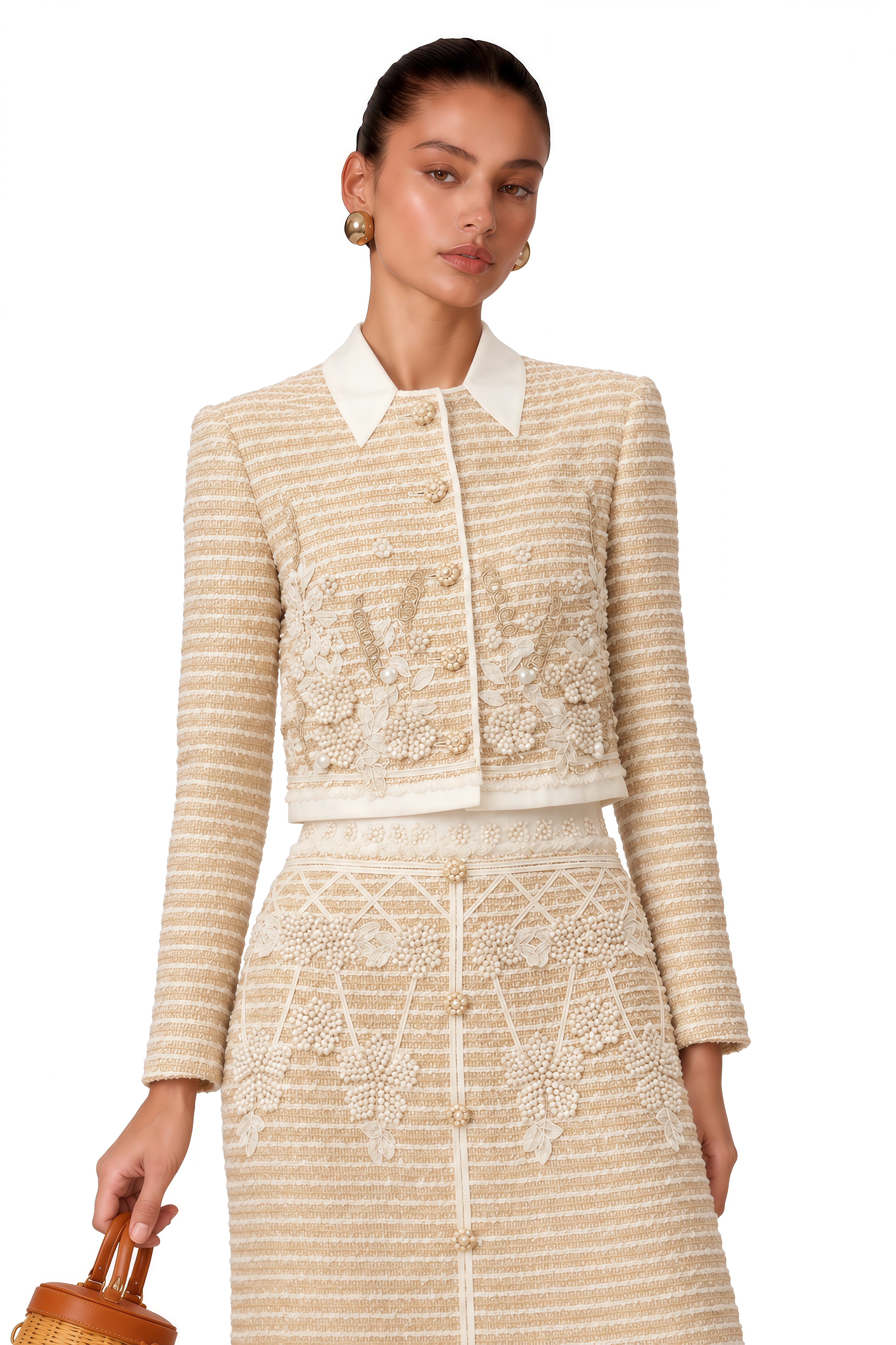Catalina Neutral Floral Jacquard Tweed Jacket & Skirt Set