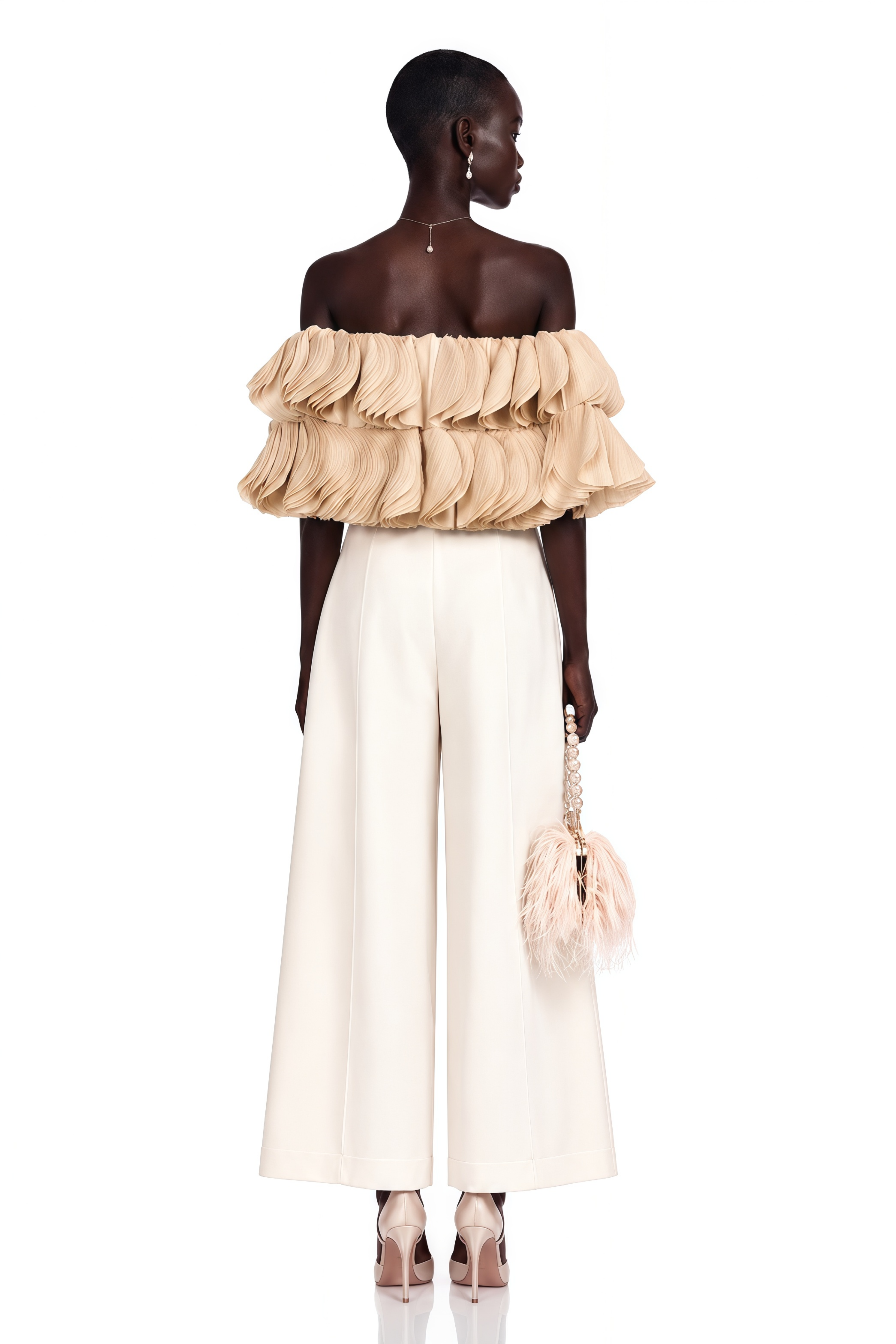 Elise Neutrals Off-Shoulder Shirred Cropped Top