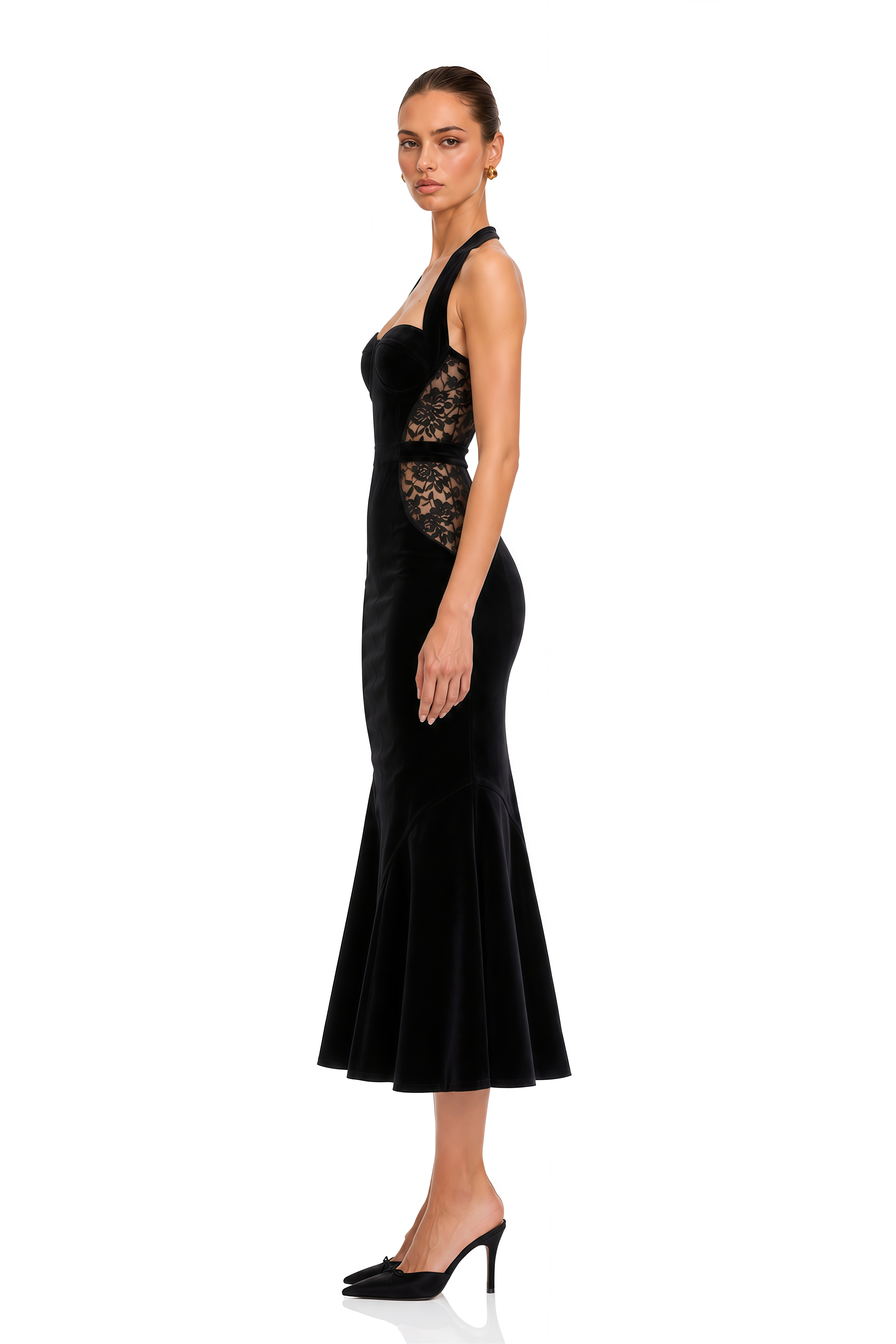 Tove Black Lace Panel Velvet Midi Dress