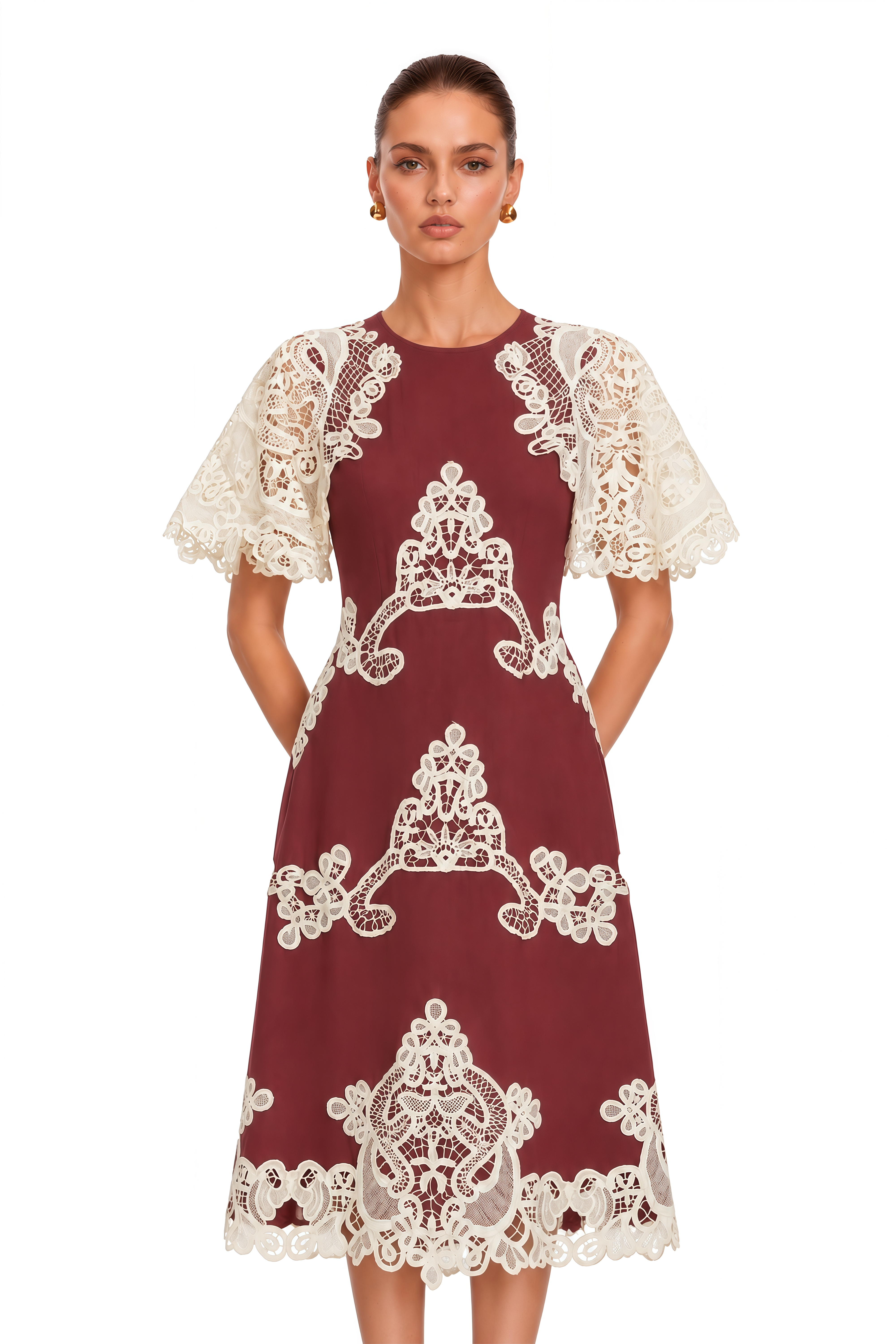 Julia Red Color Block Floral Embroidered Midi Dress