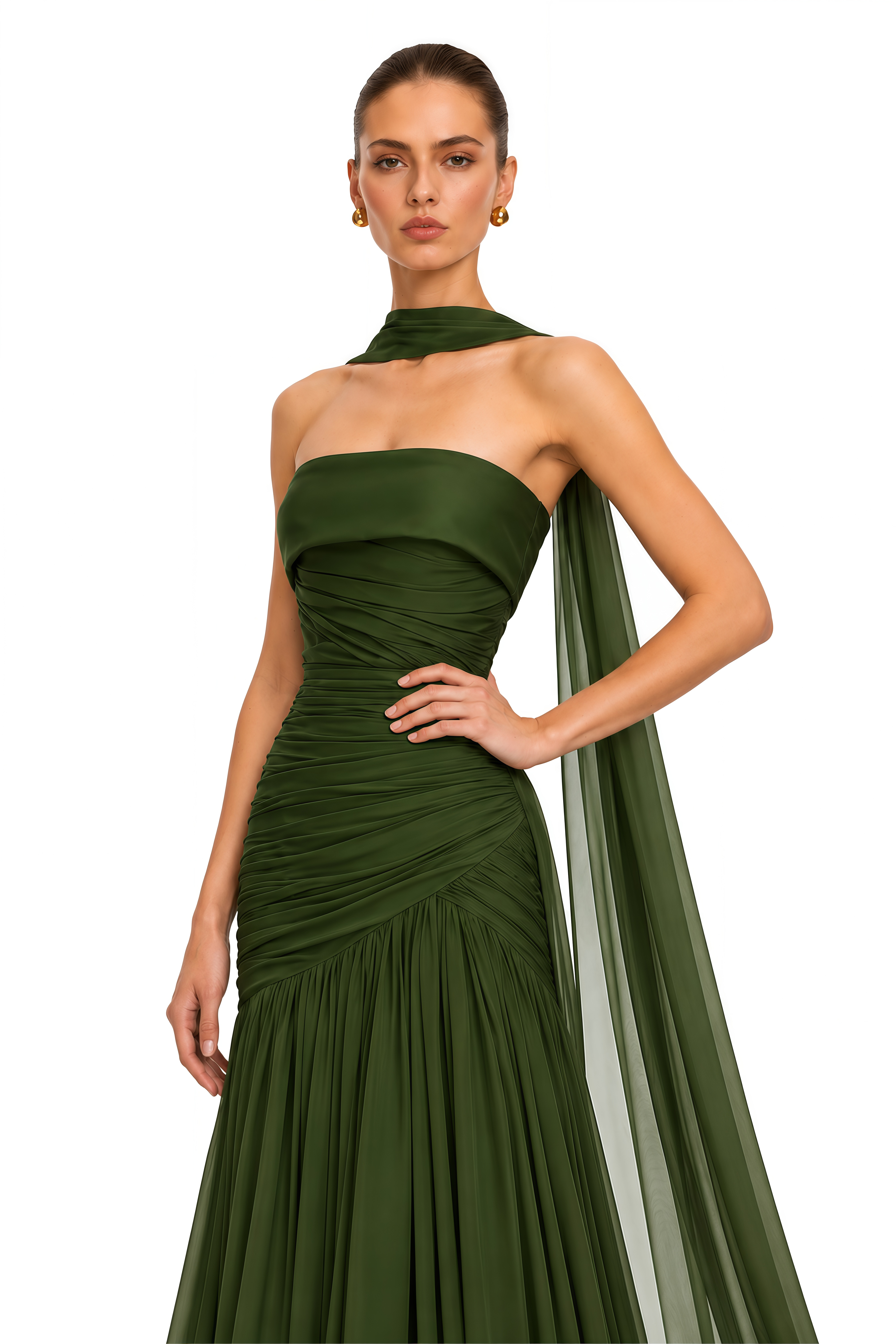 Laetitia Green Pleated Train Ruched Maxi Dress