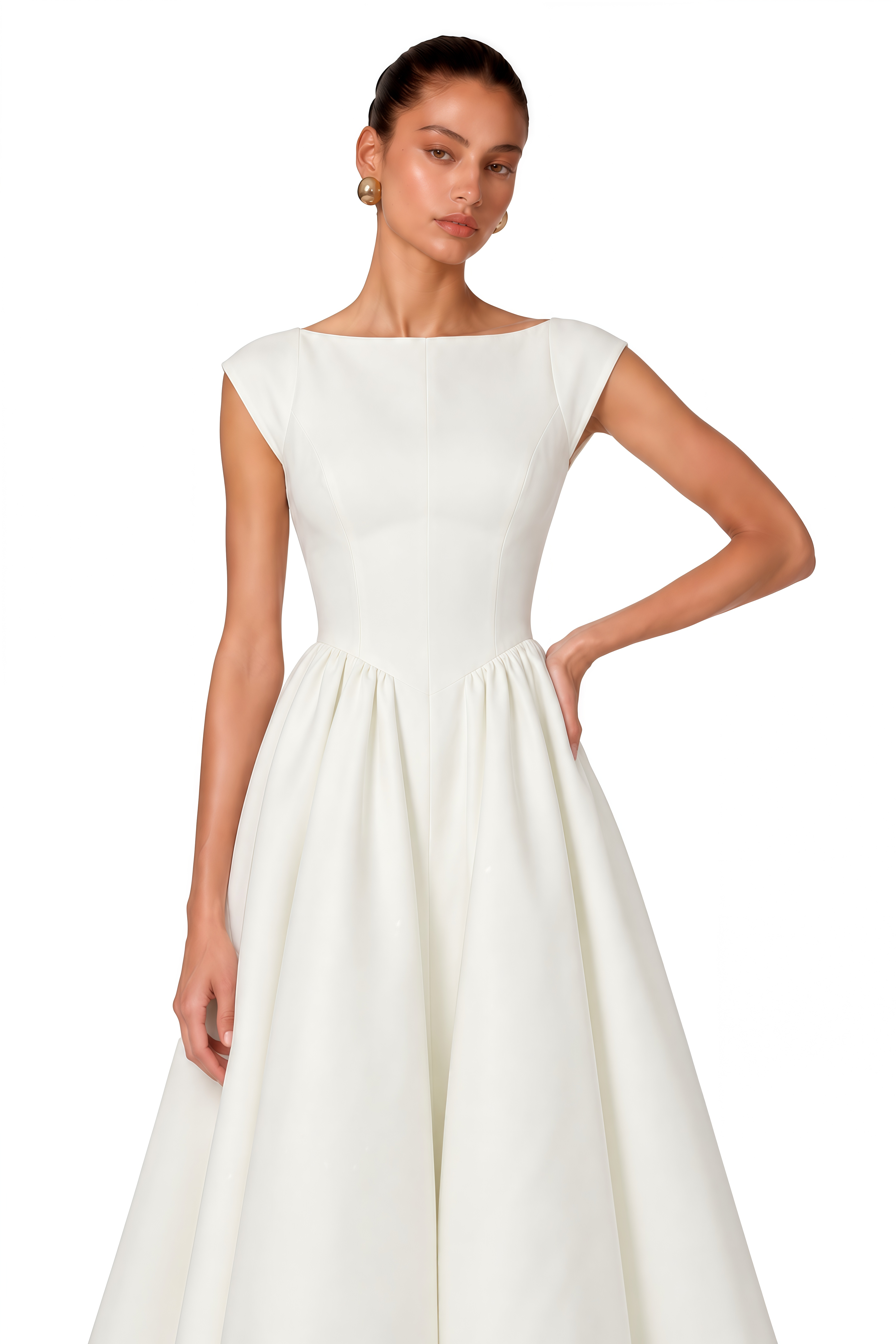 Amandine White Open-Back Cap-Sleeve Midi Dress