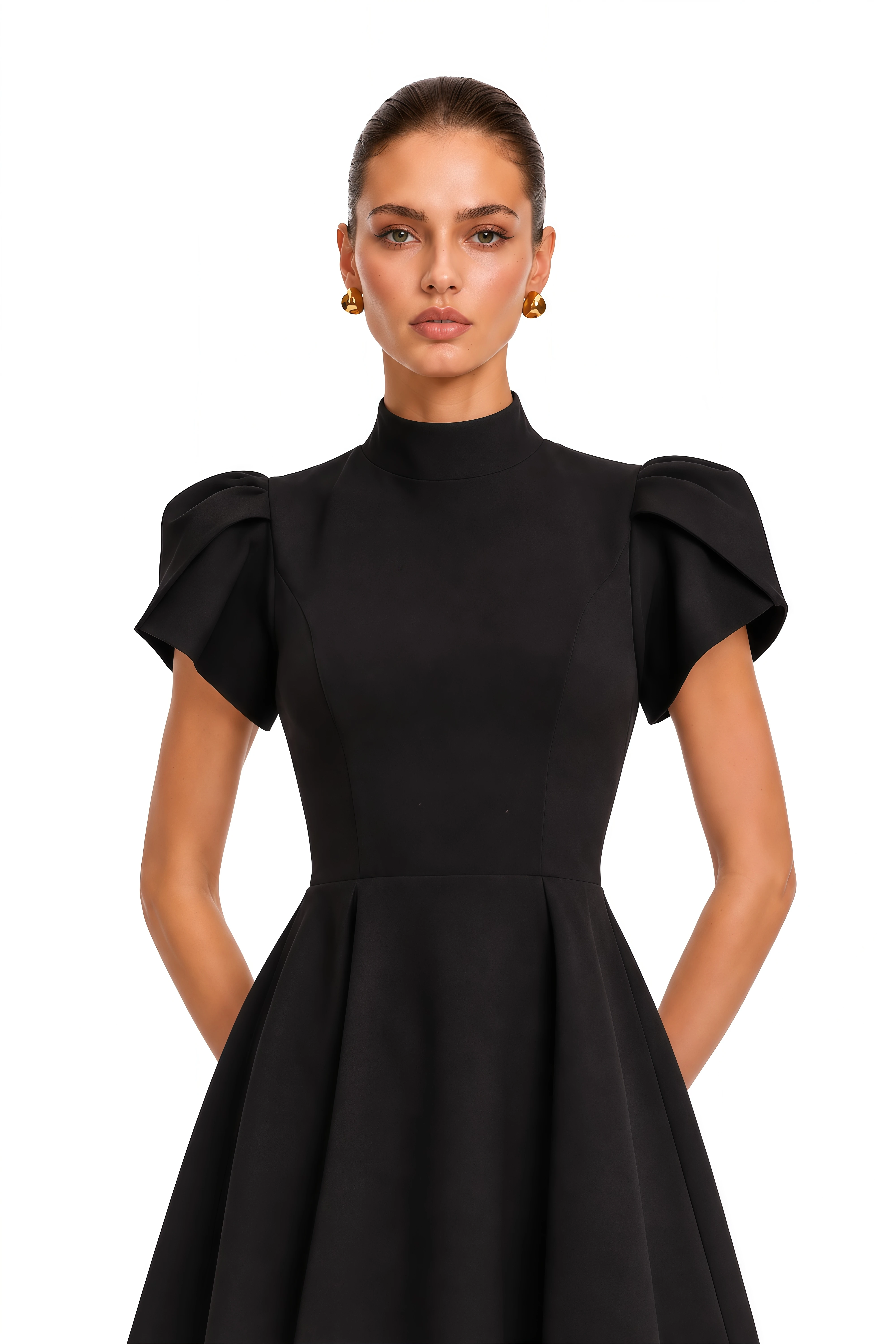 Anna Black Petal-Sleeve Cut-Out Bow Mini Dress