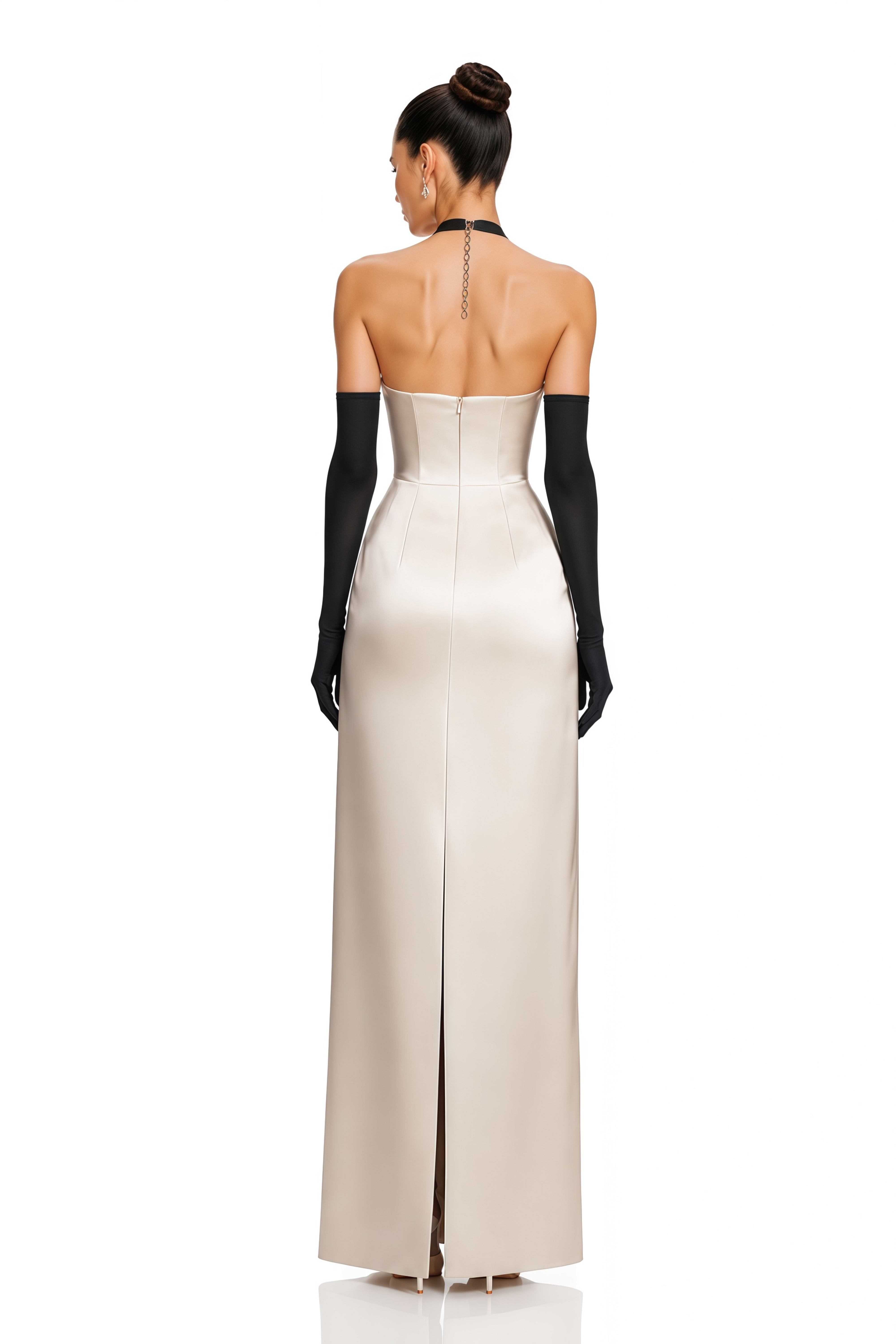 Ronit Champagne Satin Maxi Dress with Tulle Panels (Without Gloves)