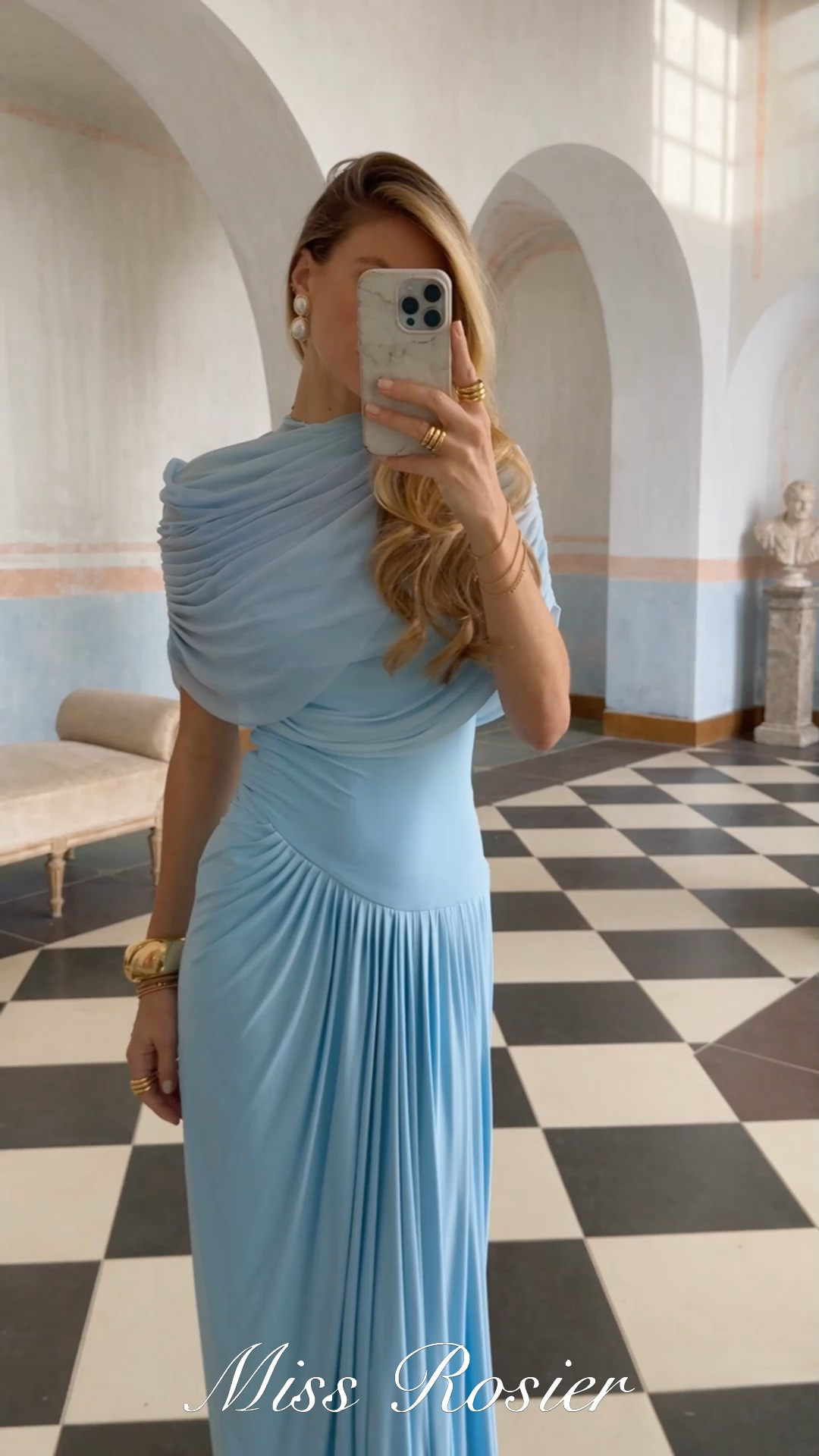 Catherine Asymmetrical Pleated Maxi Dress in Baby-blue – Miss