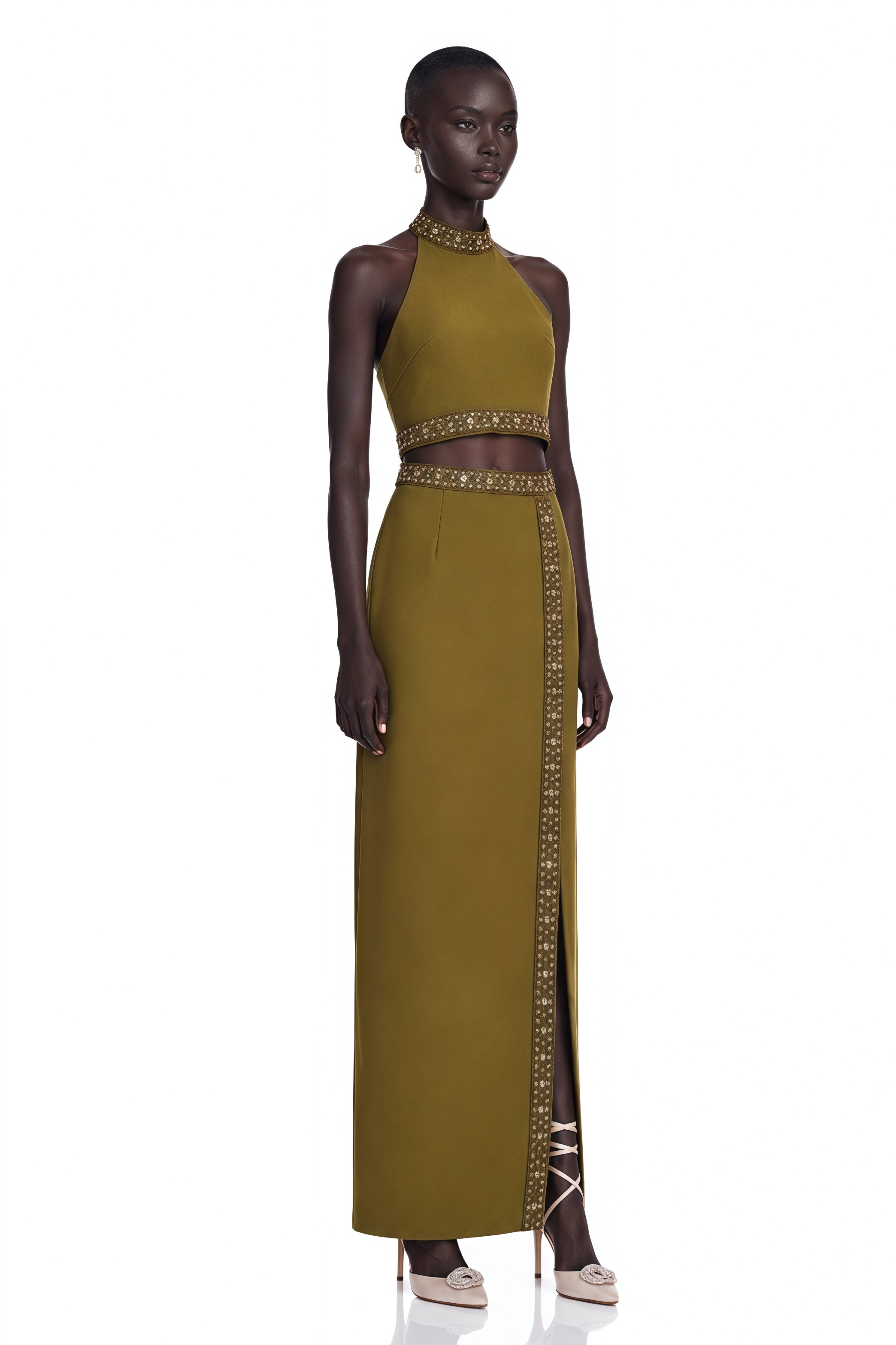 Daisy green beaded-trim top & skirt matching set