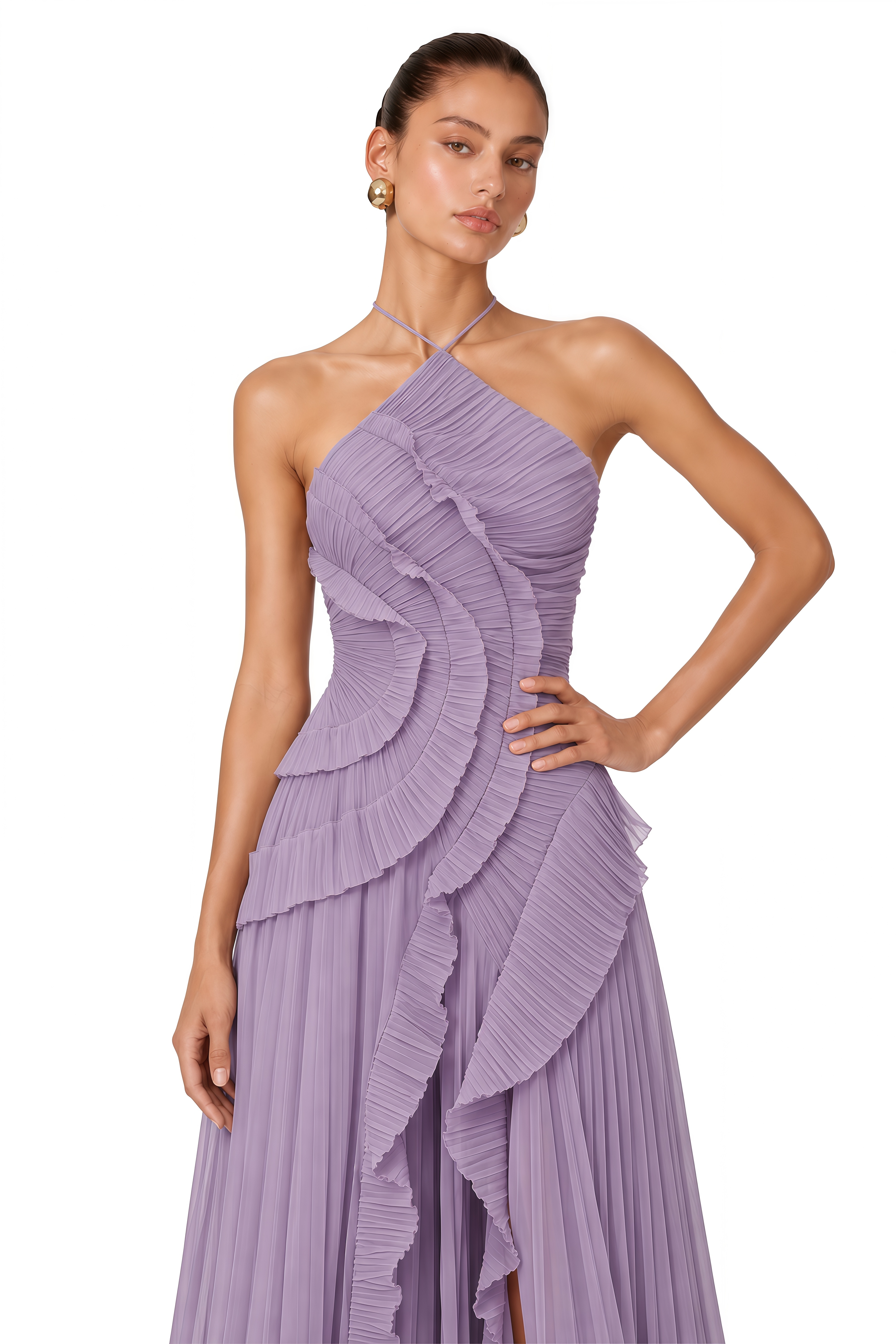 Doux Purple Ruffled Trim Pleated Midi Dress