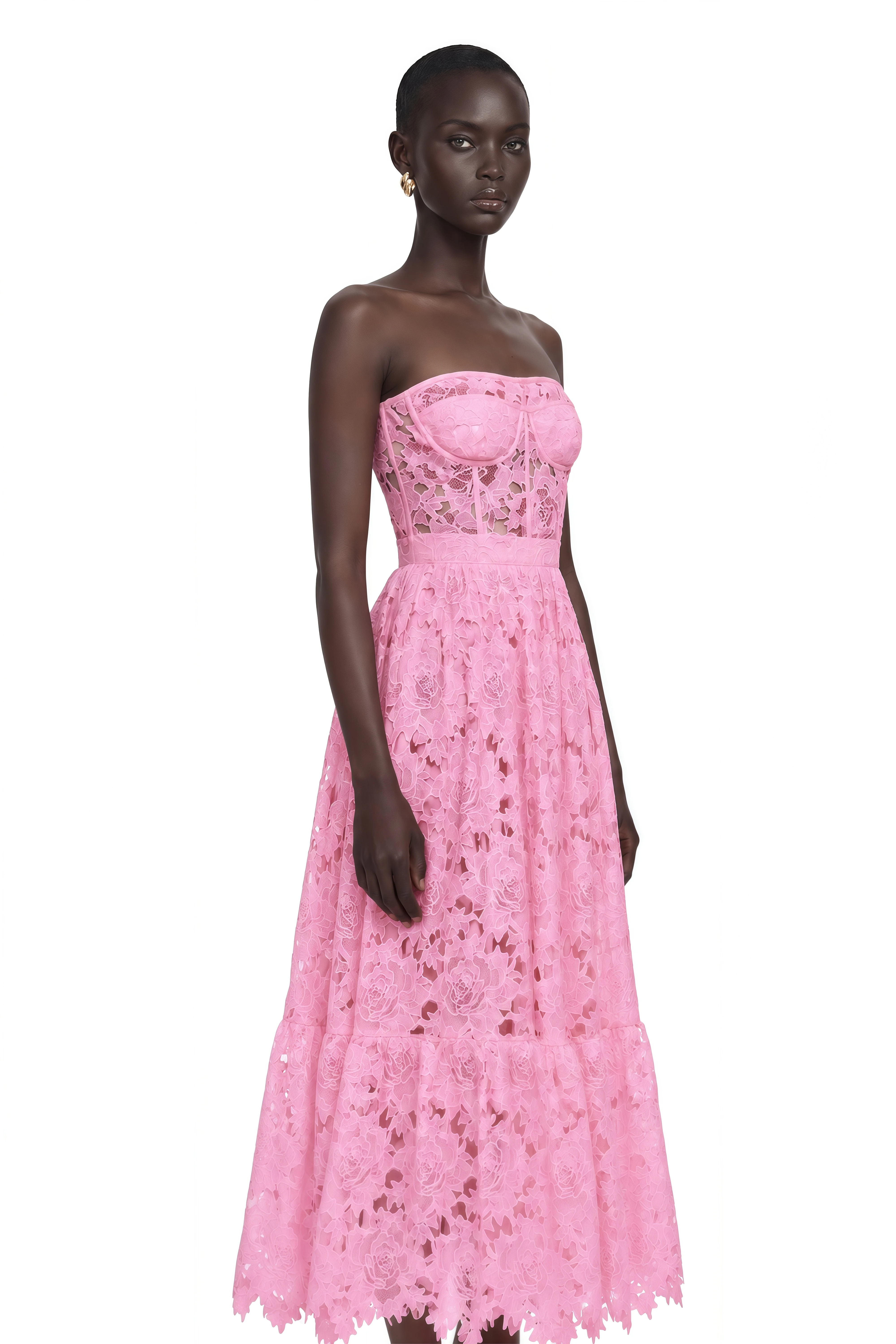 Inès Lace Floral Embroidered Cut-Out Midi Dress in Pink
