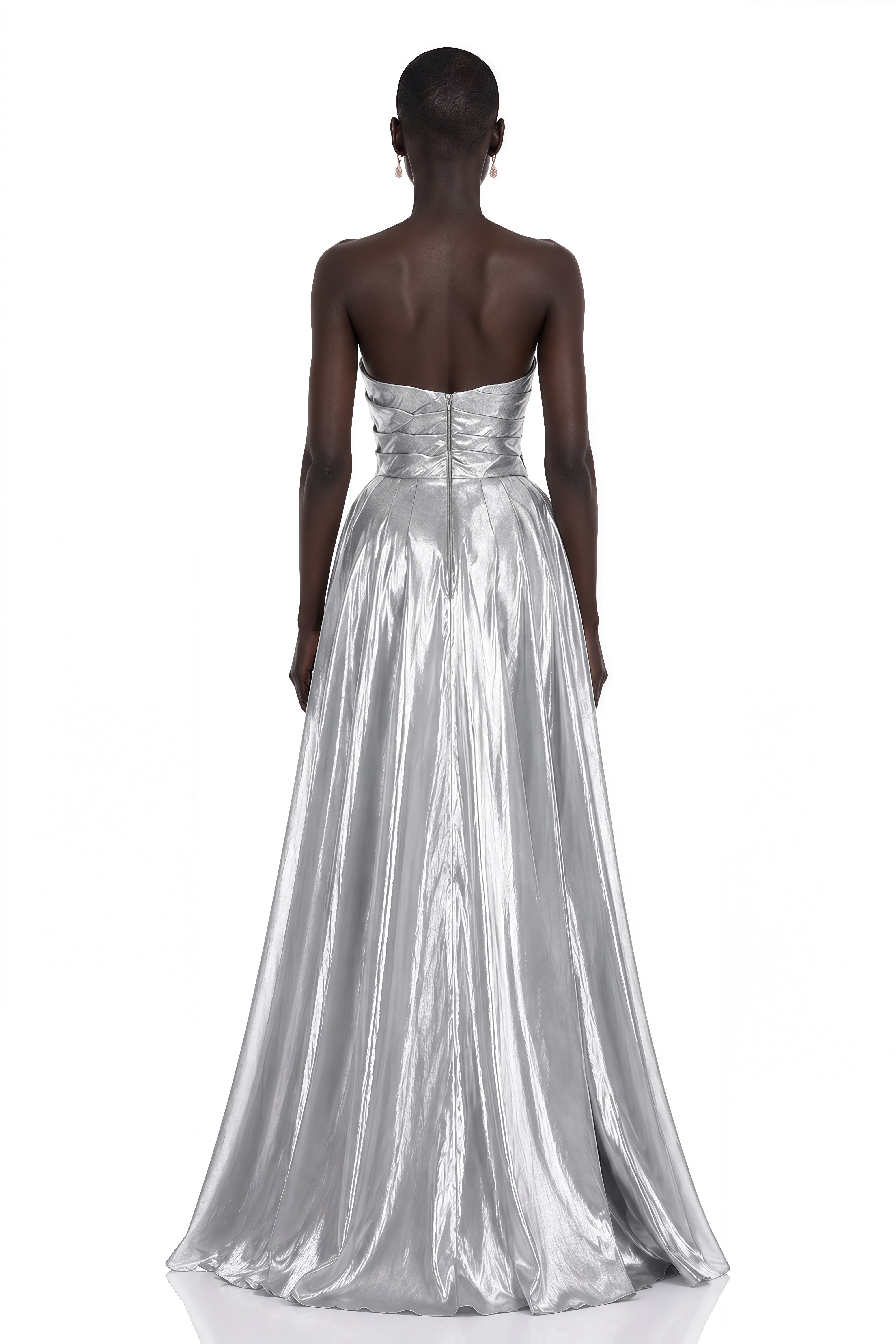 Adina Silver Glossy Asymmetrical Ruched Gown