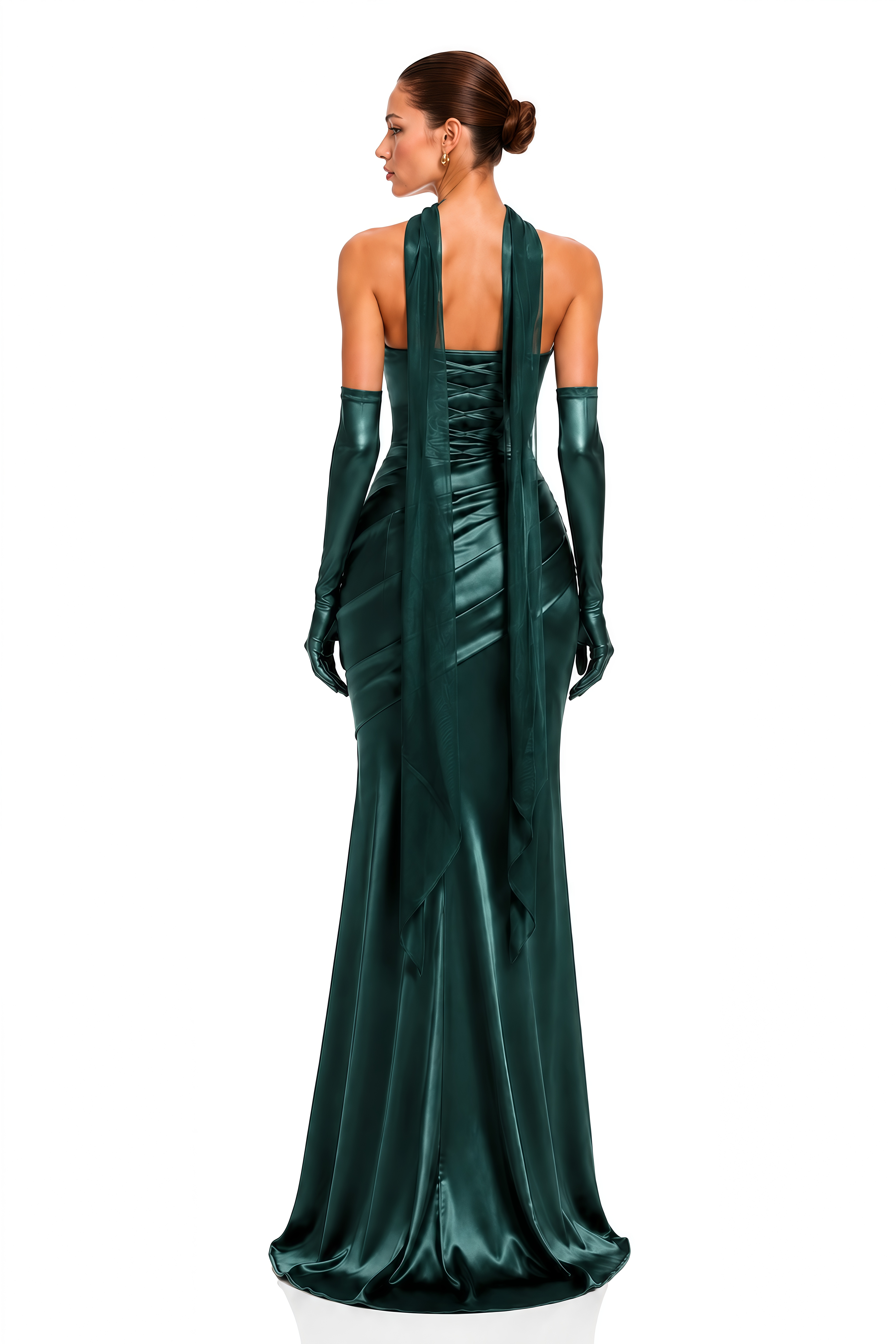 Marilou Green Ruched Satin Maxi Dress  (Without Gloves)