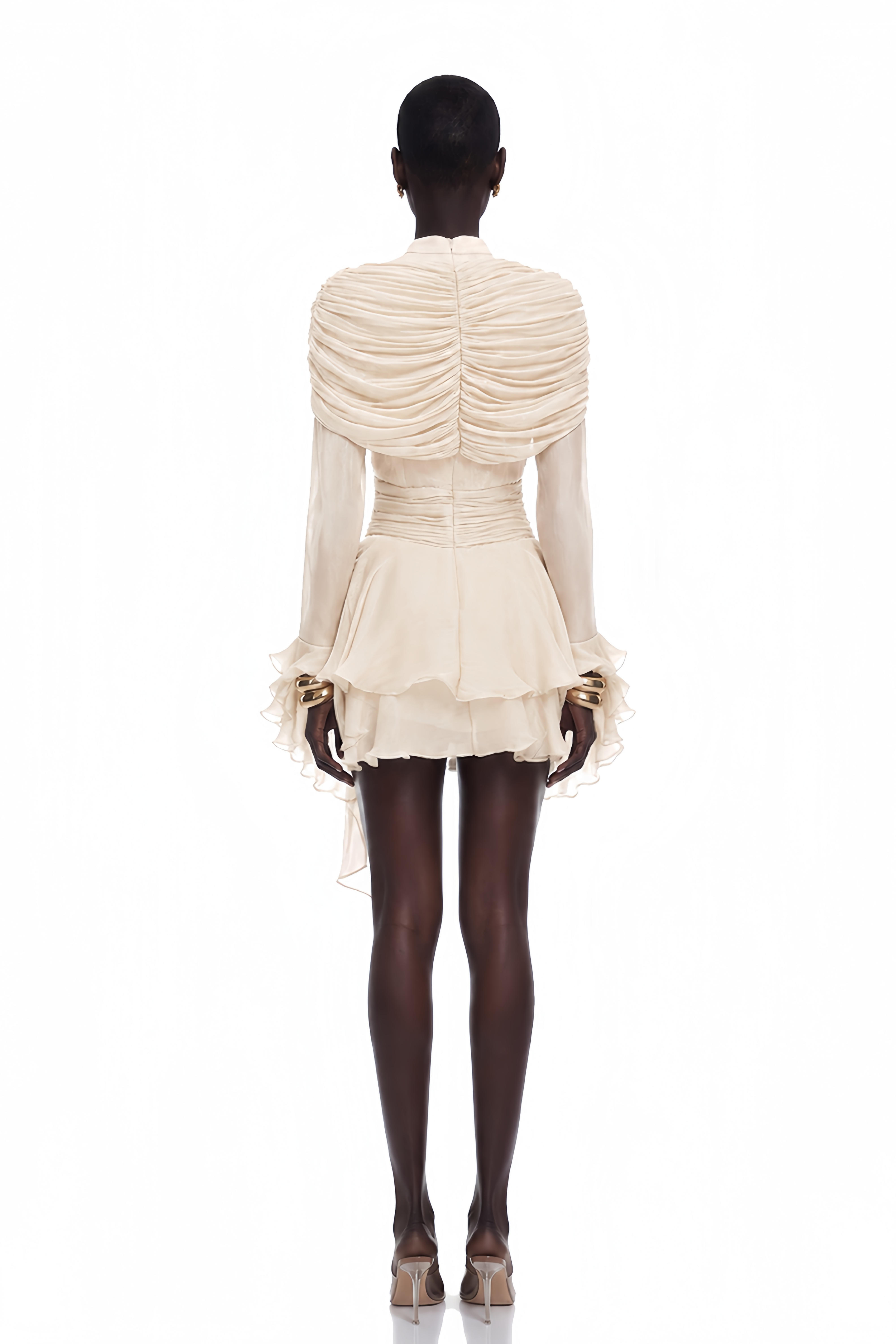 Samira Cream Ruffled Ruched Mini Dress with Ribbon