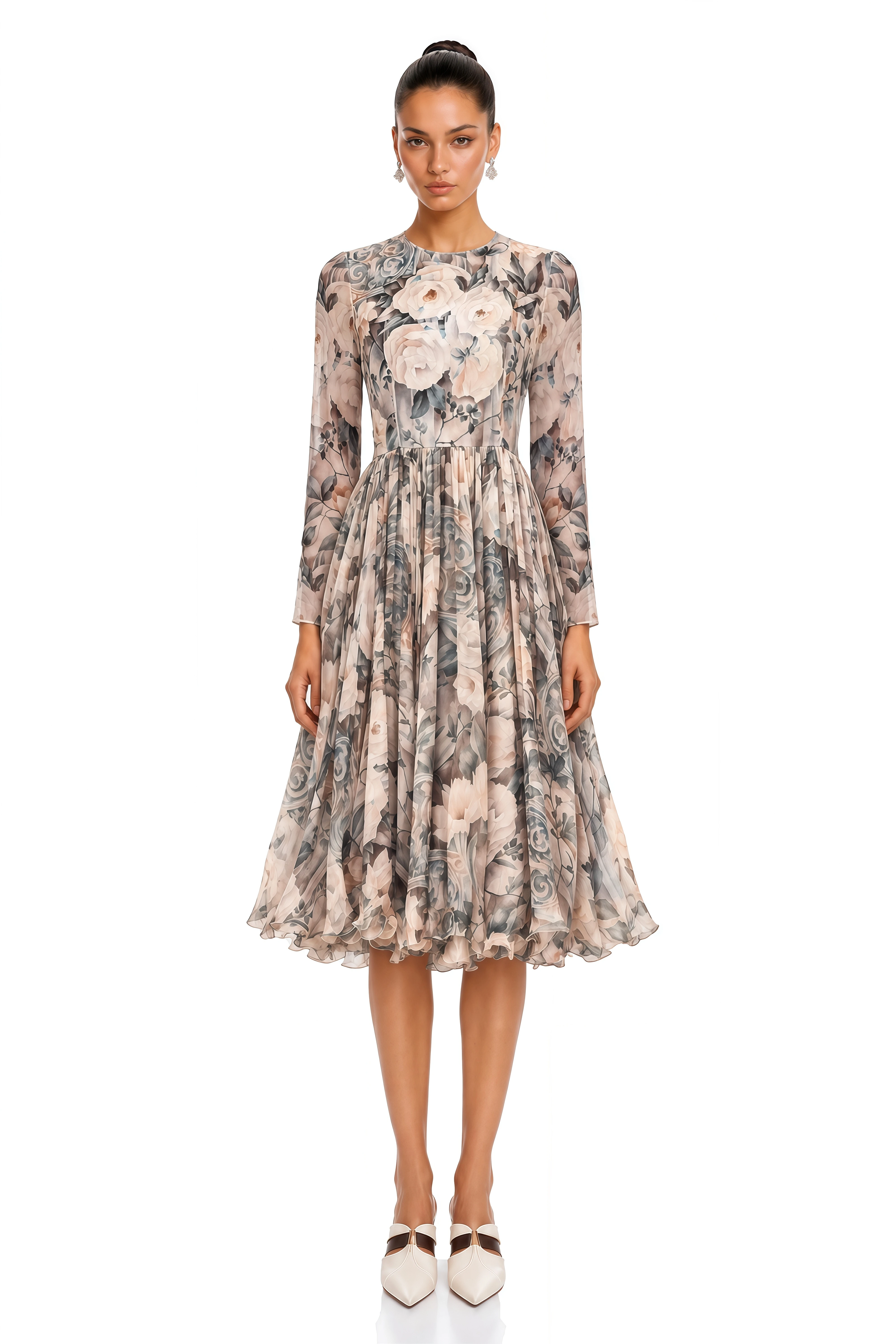 Mélanie Floral Print Pleated Chiffon Midi Dress