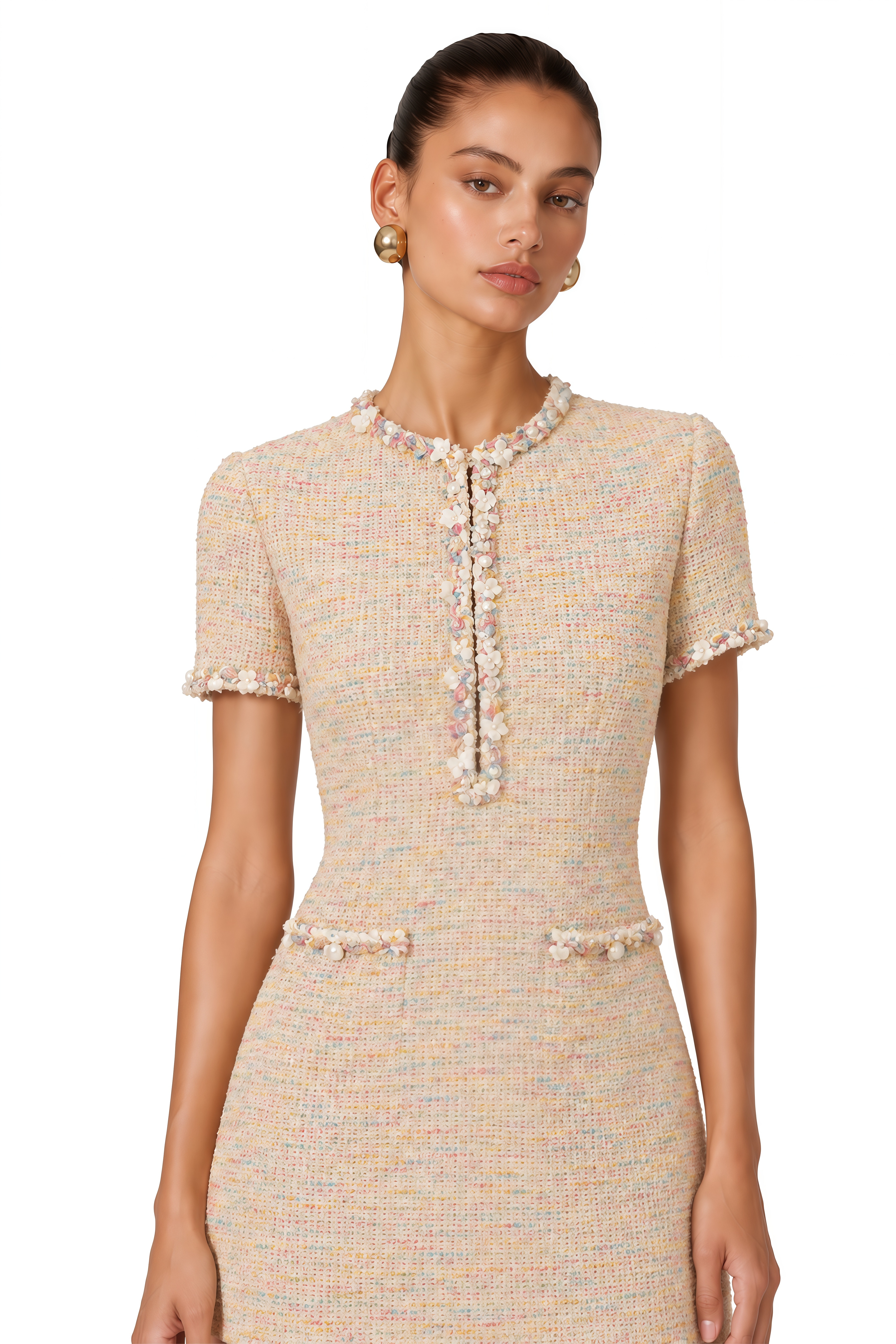 Palme Neutral Embellished Crochet Knit Mini Dress