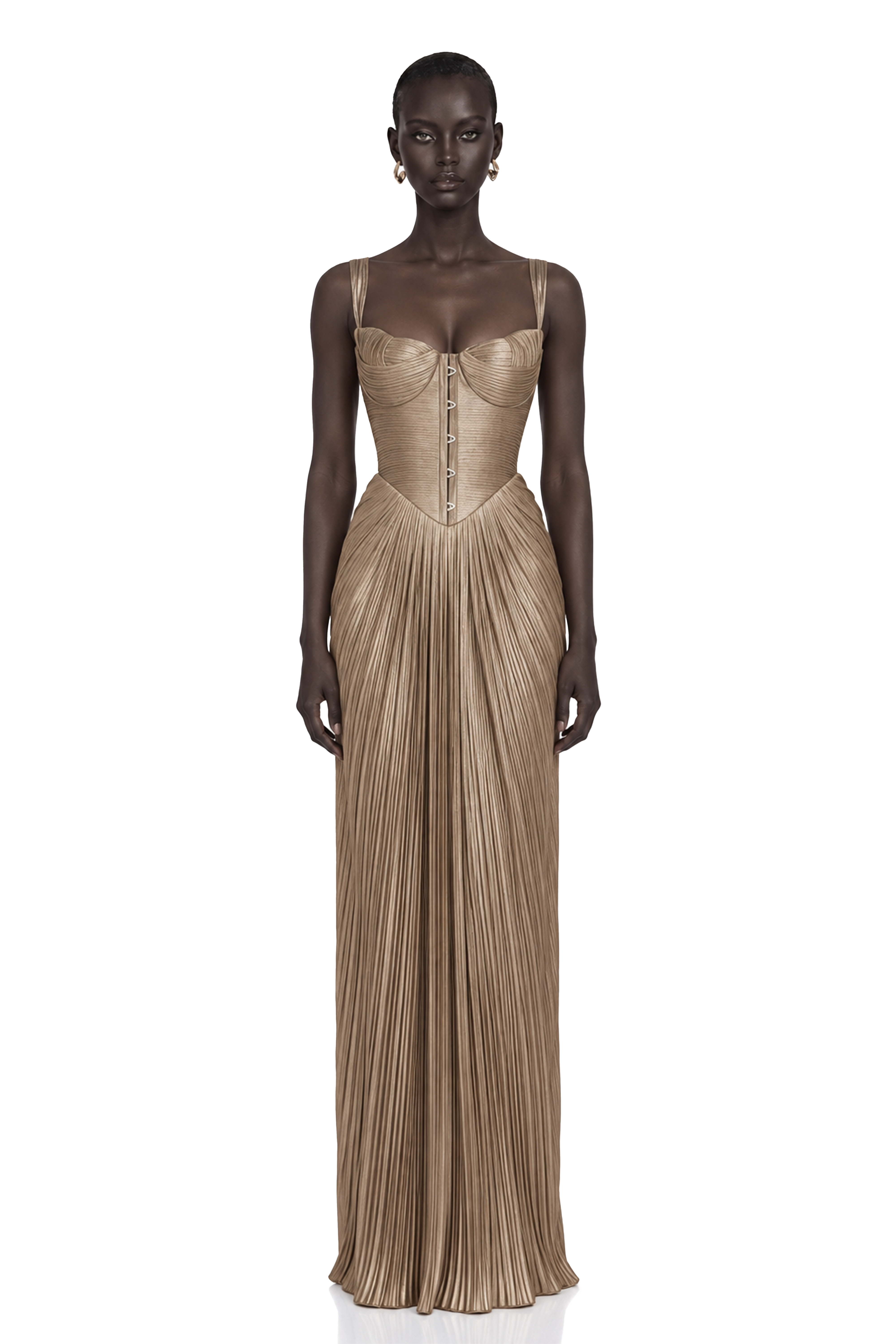 Nicoletta Gold Glossy Pleated Corset Maxi Dress
