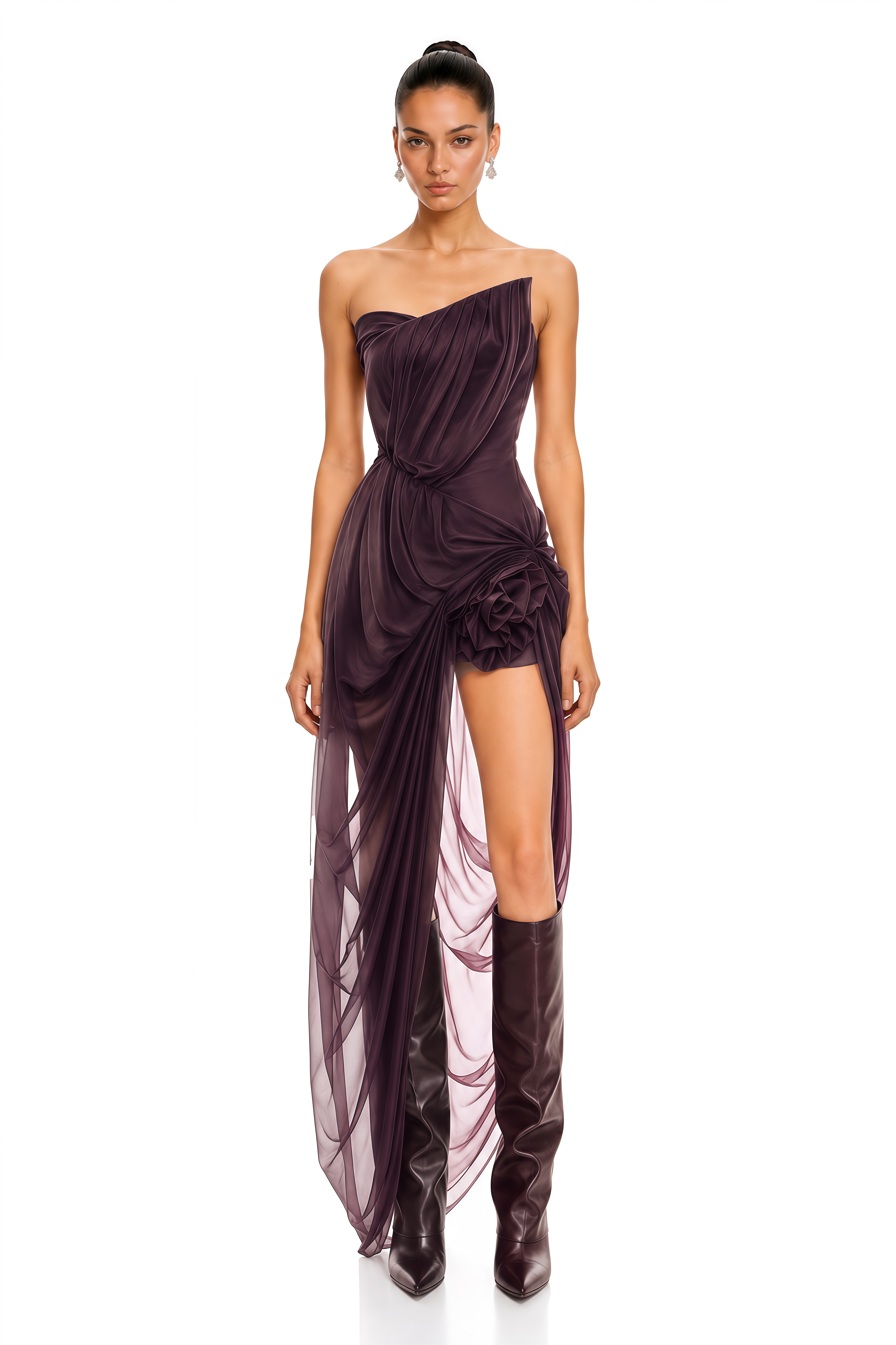 Yelyzaveta Purple Asymmetrical Maxi Dress with 3D Petals