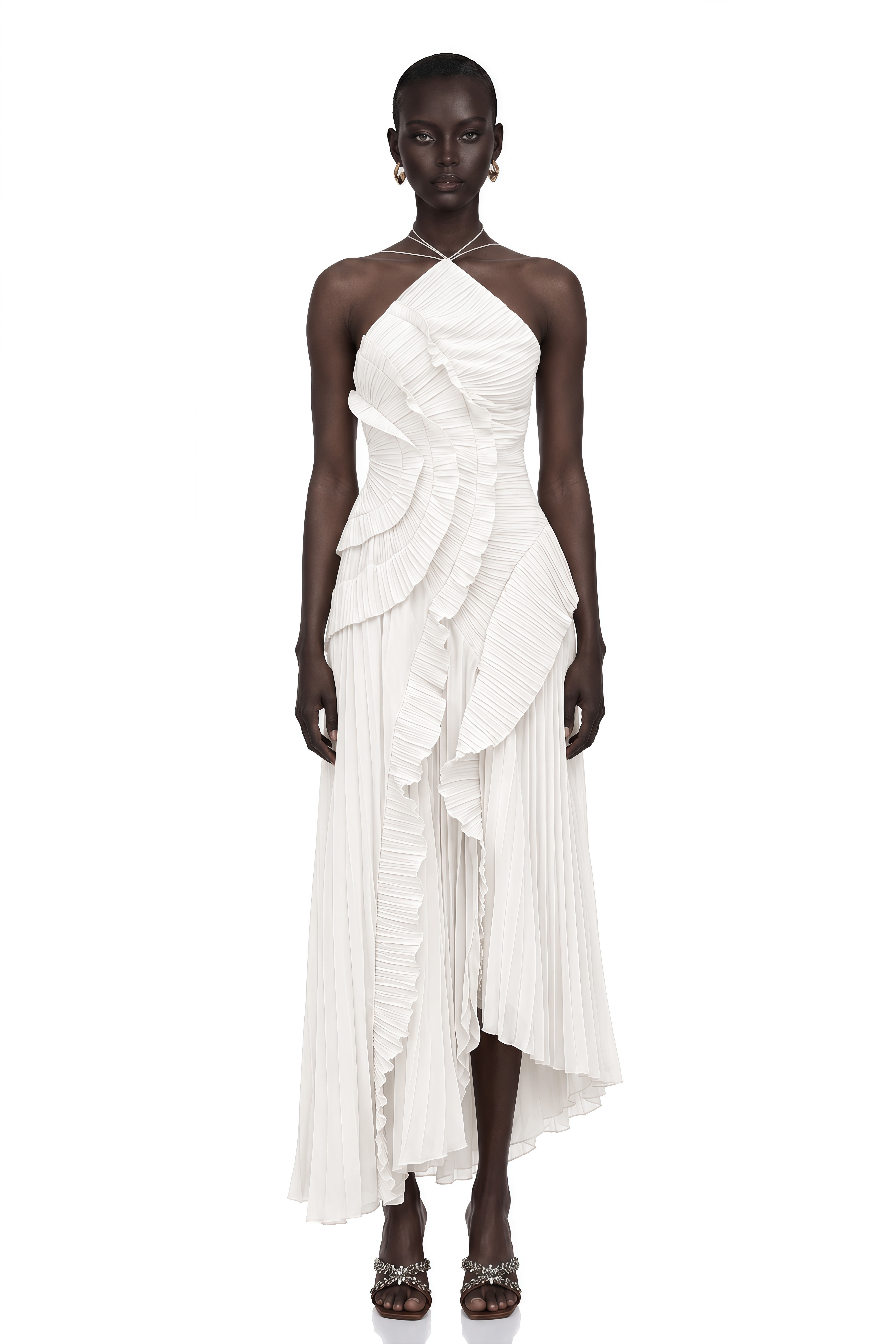 Doux White Ruffled Trim Pleated Midi Dress