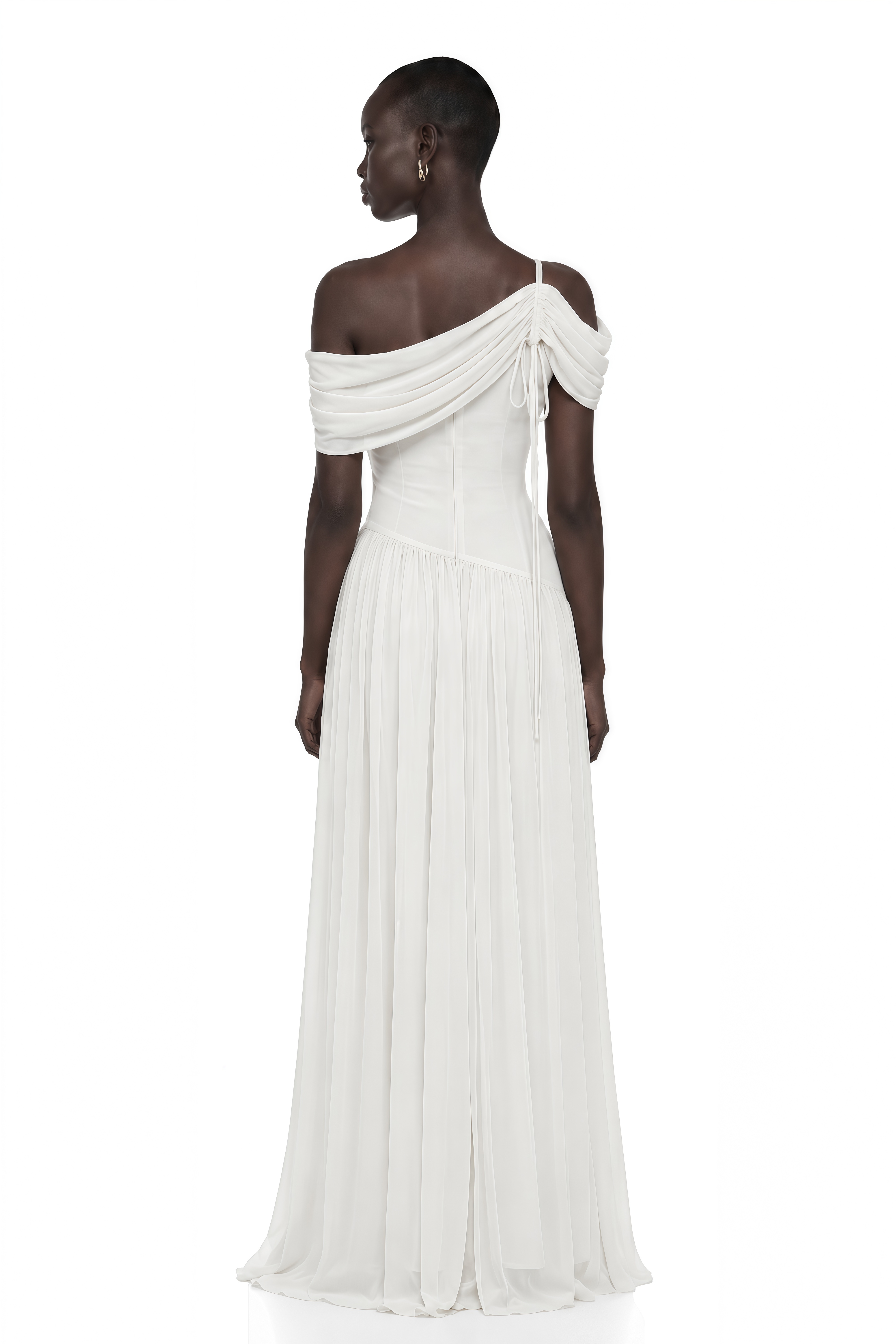 Sigrun White Asymmetrical Gathered Maxi Dress