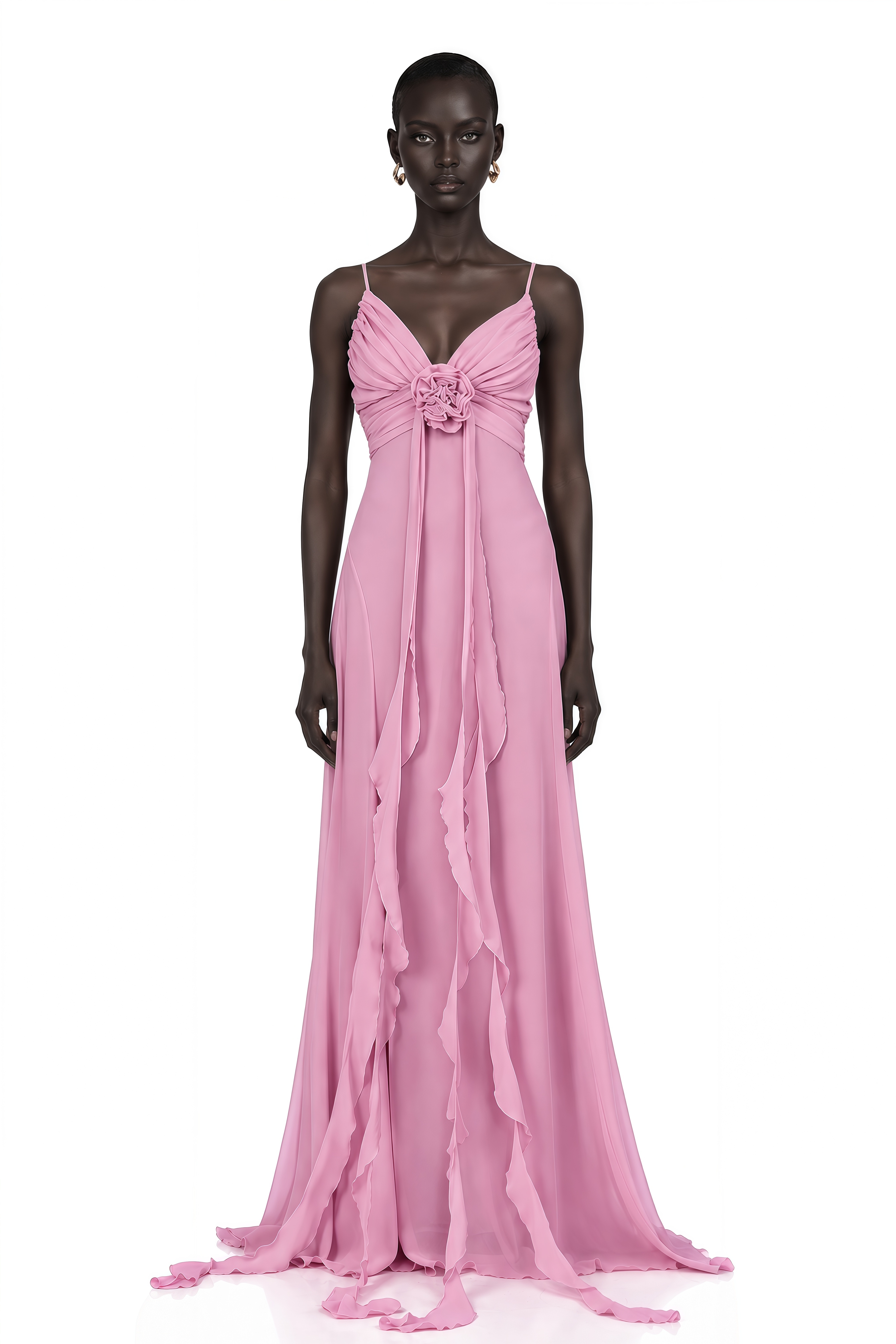 Ysandre Rose-Pink 3D Petal Tulle Maxi Dress