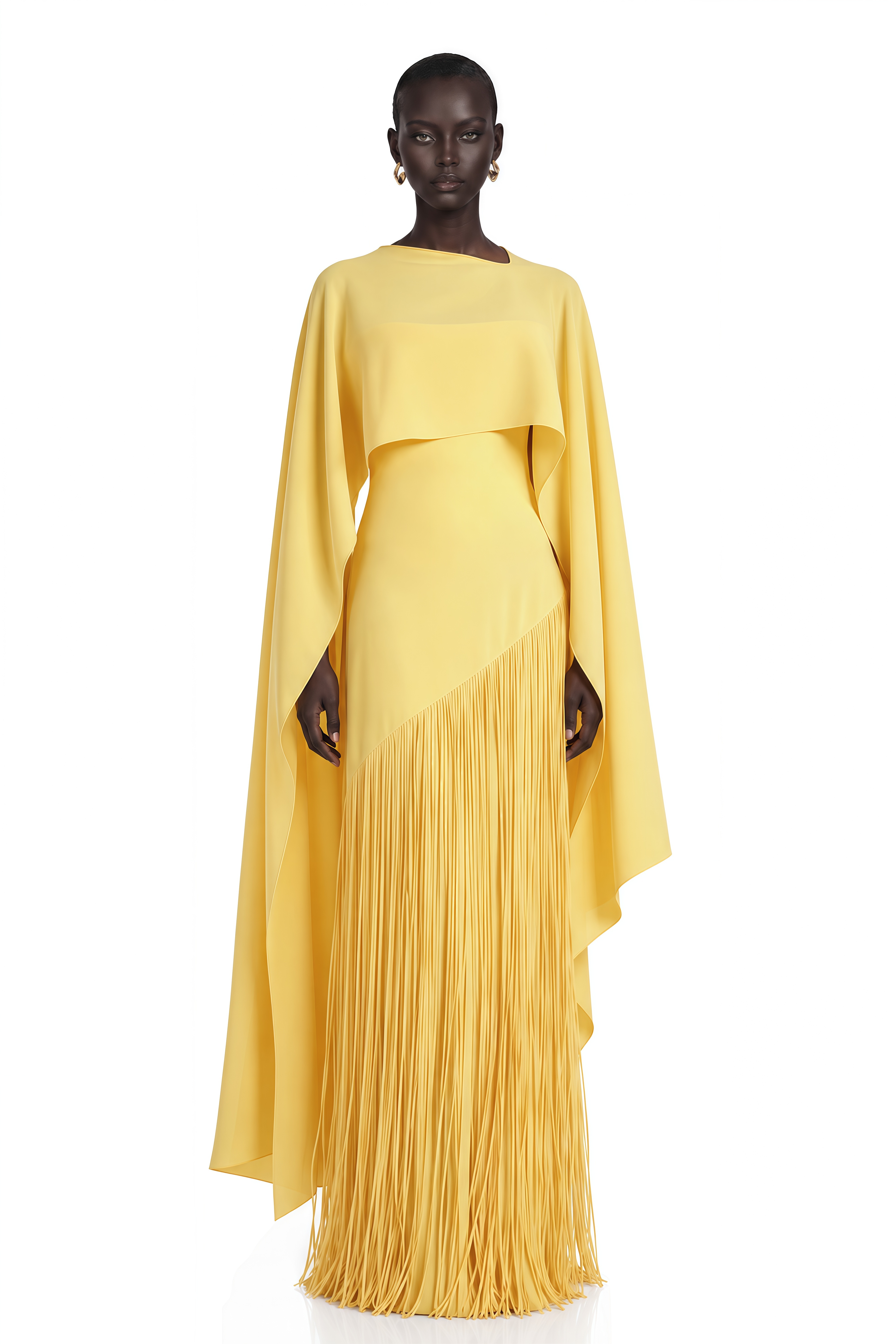 【さだ】YELLO　イエロ　DOUBLE 6 MESH Cayetana Yellow Fringed Maxi Dress with Shawl Detail – Miss Rosier