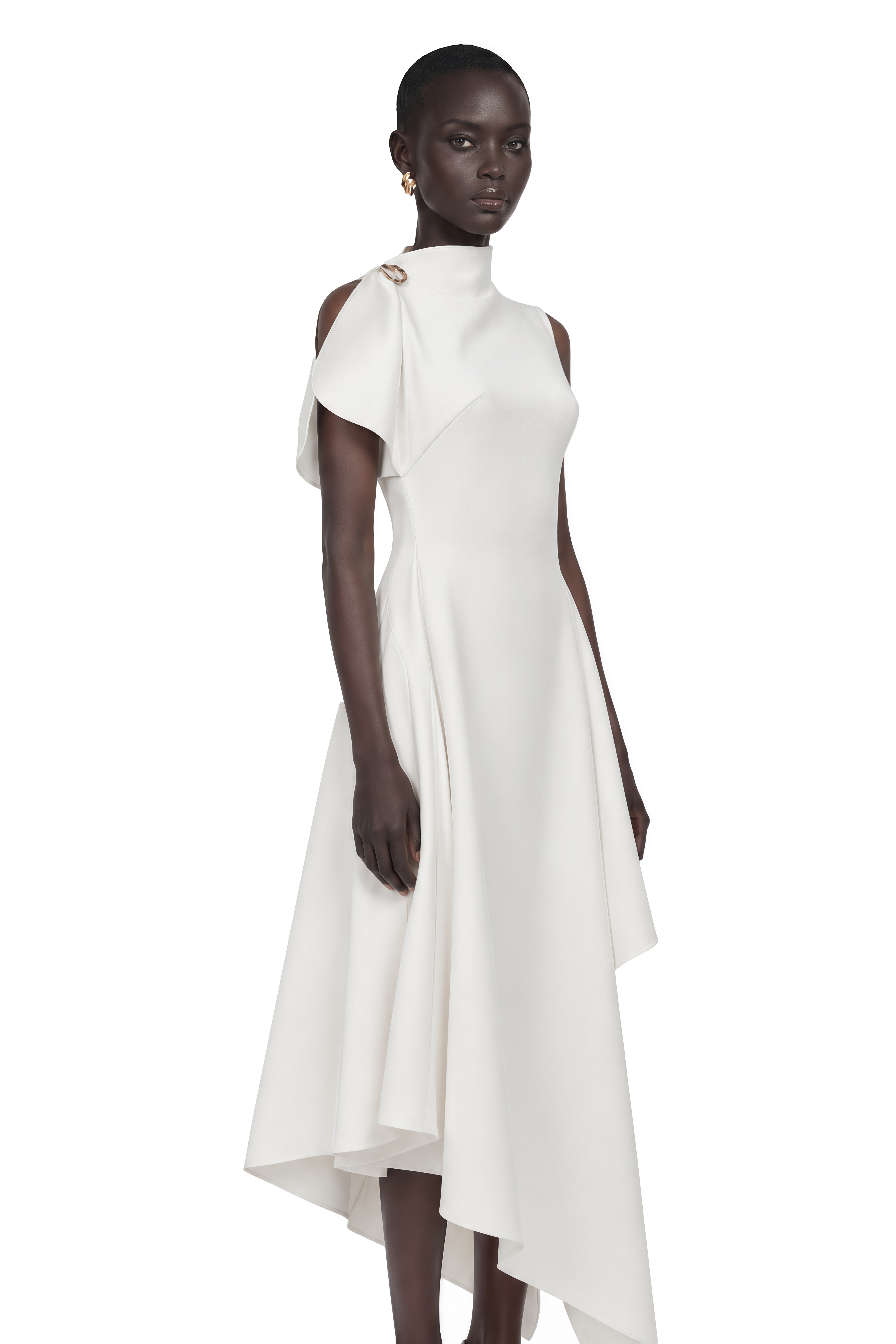 Liana White Asymmetrical Flared Midi Dress