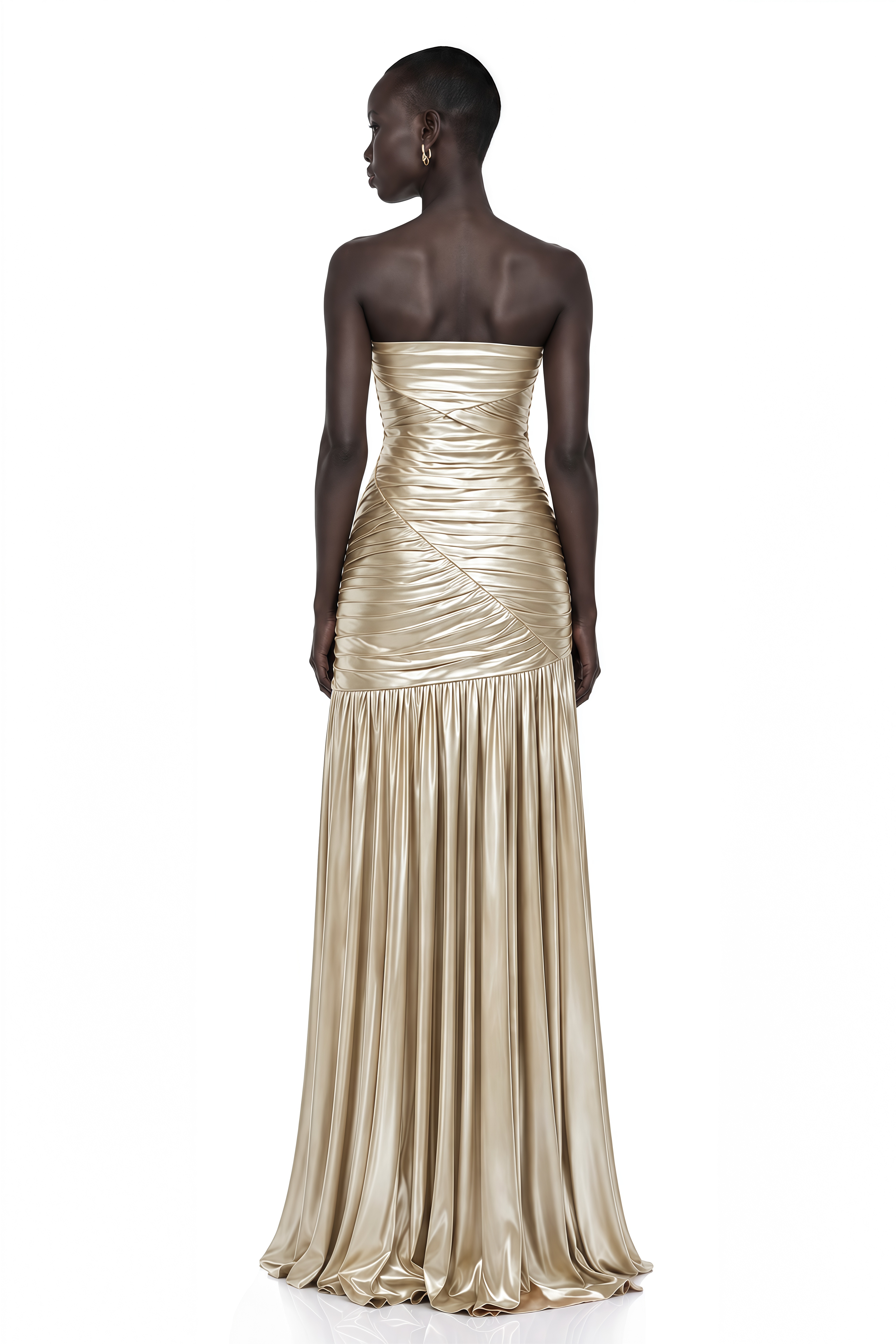 Jamila Champagne Ruched Glossy Maxi Dress with High Slit