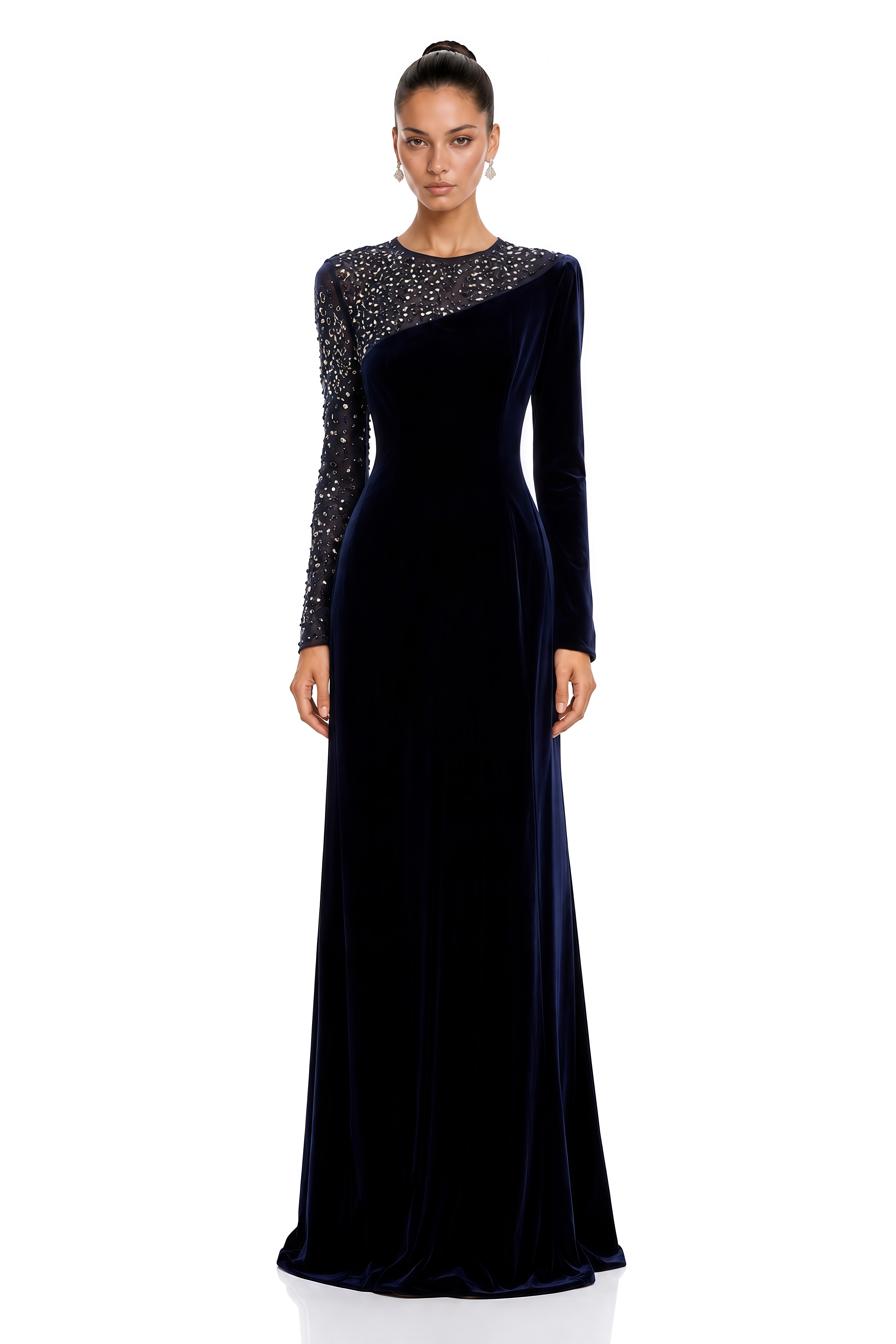 Rosemary Blue Embellished Velvet Maxi Gown