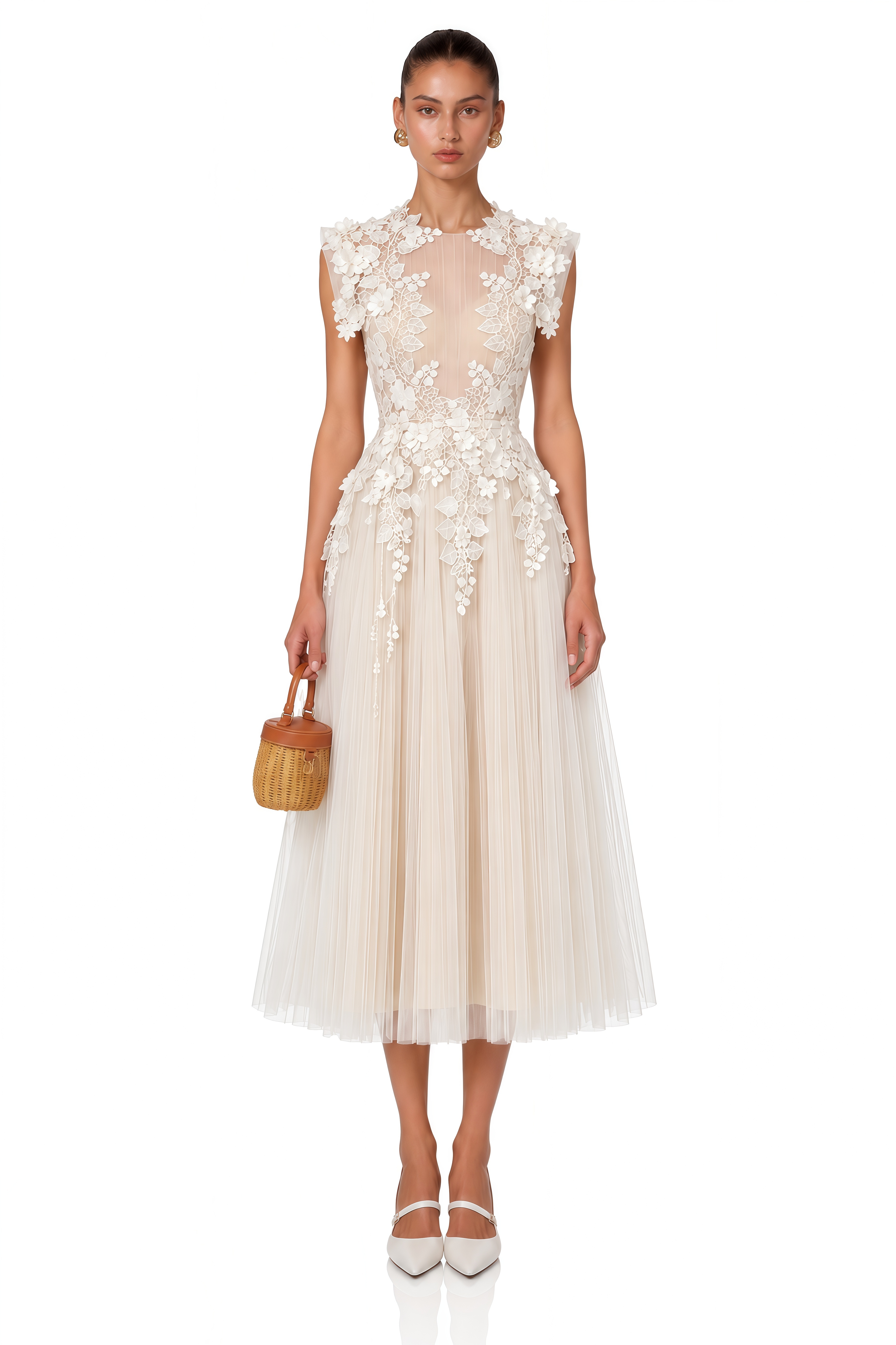Annabelle Flower-appliqué Tulle Midi Dress (Without Belt)