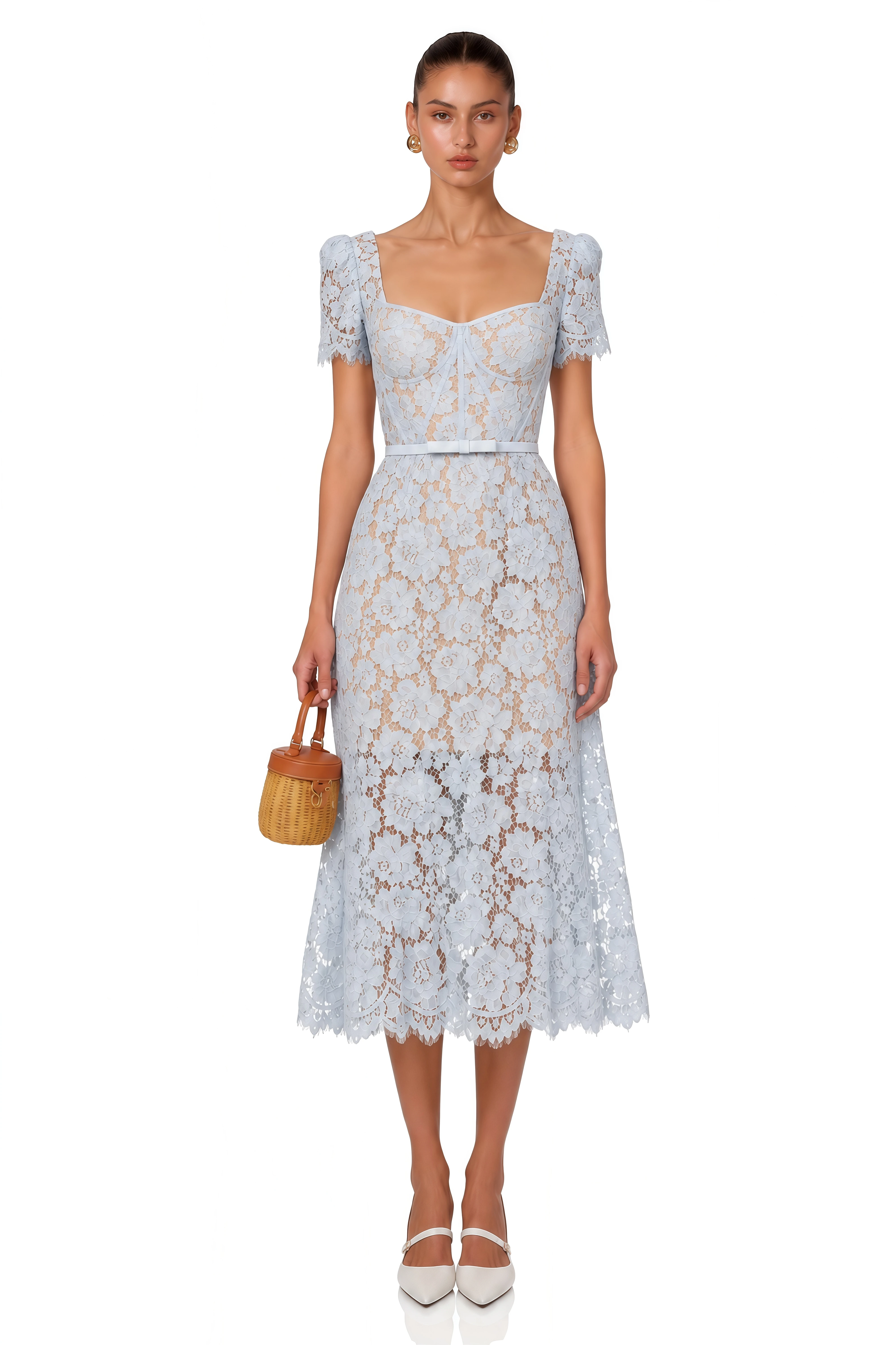Audrey Blue Floral-Lace Boned Midi Dress