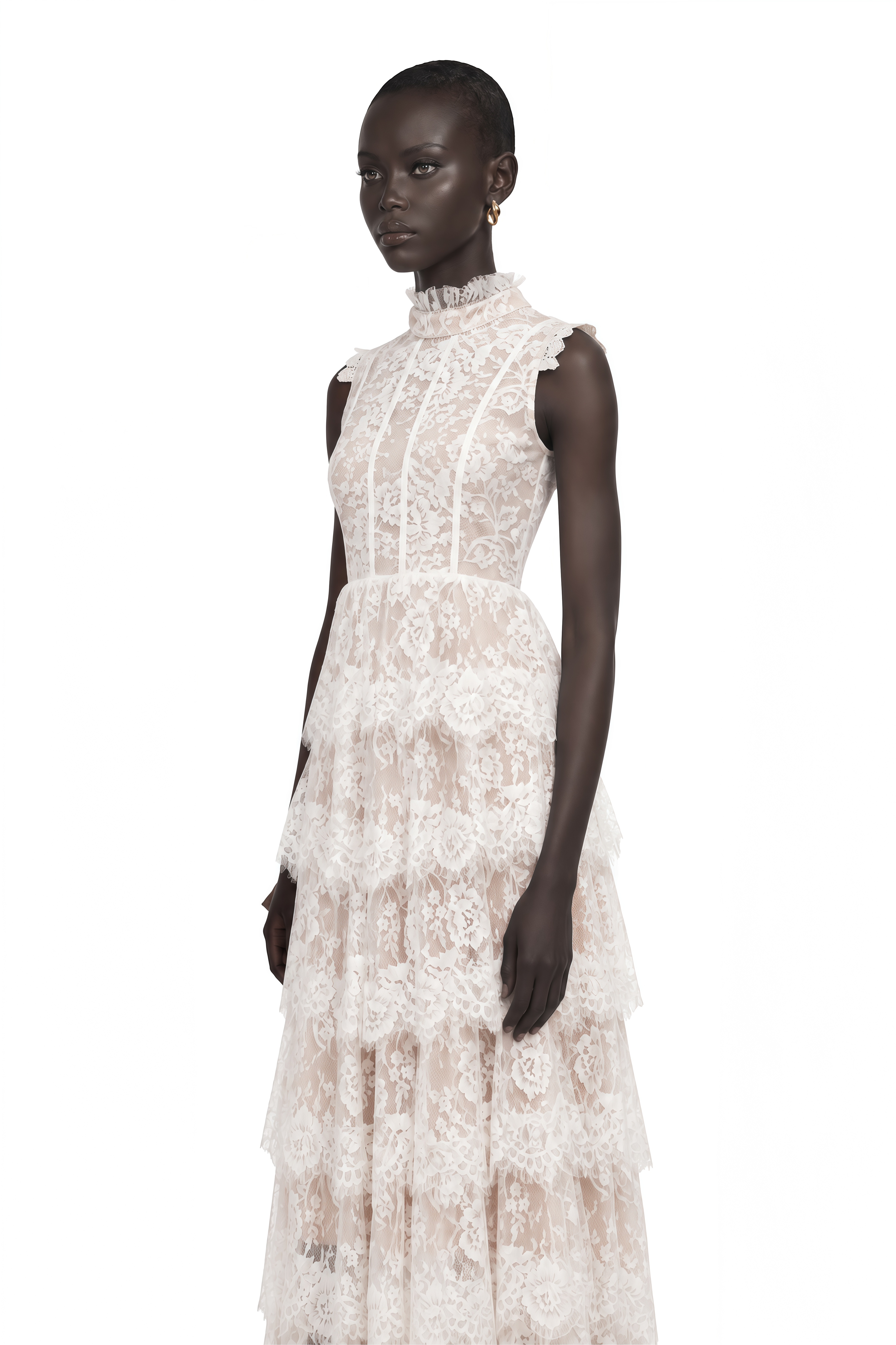 Thérèse White Embellished Floral Lace Tiered Maxi Dress