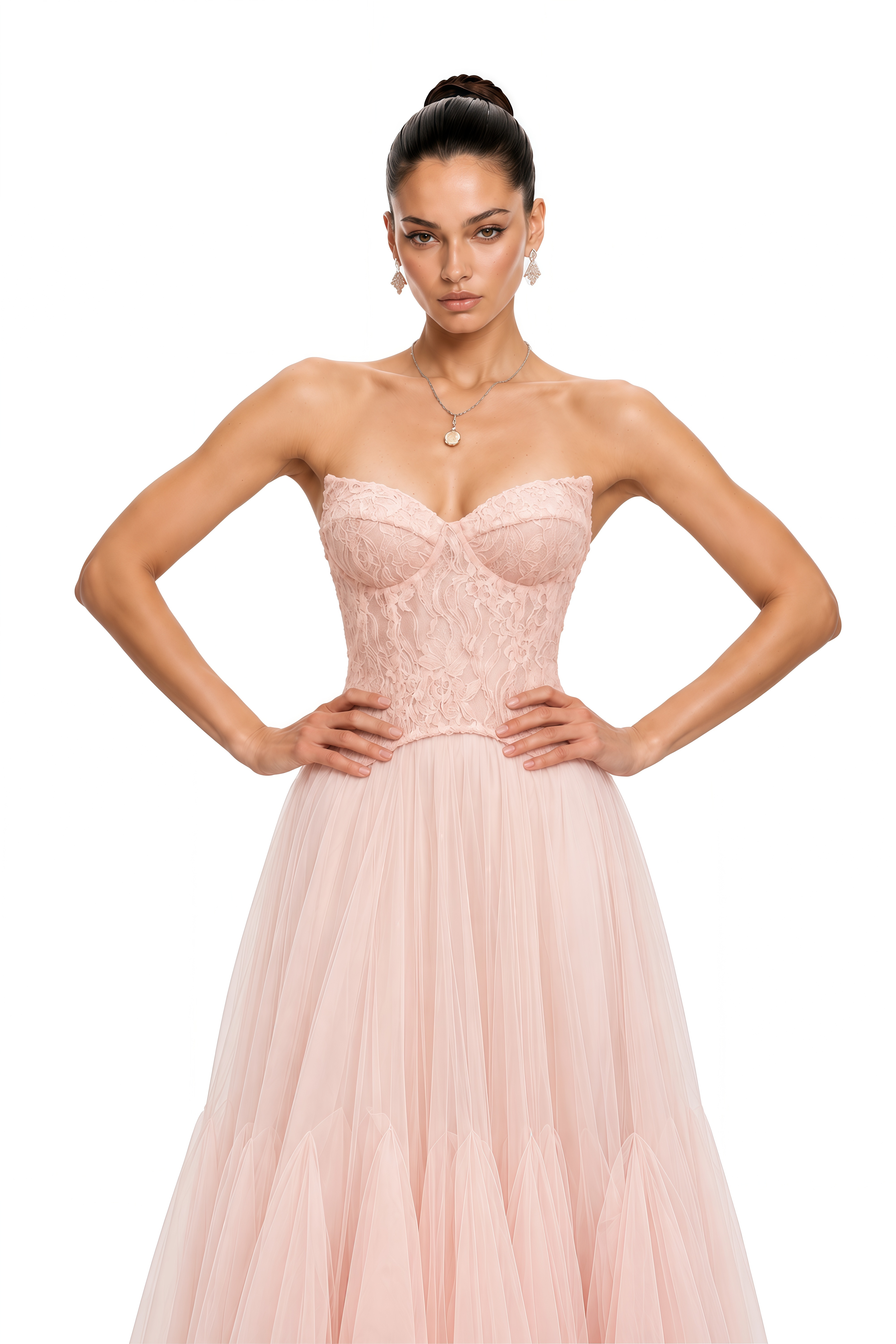 Ulrique Pink Lace Corset Tulle Maxi Dress