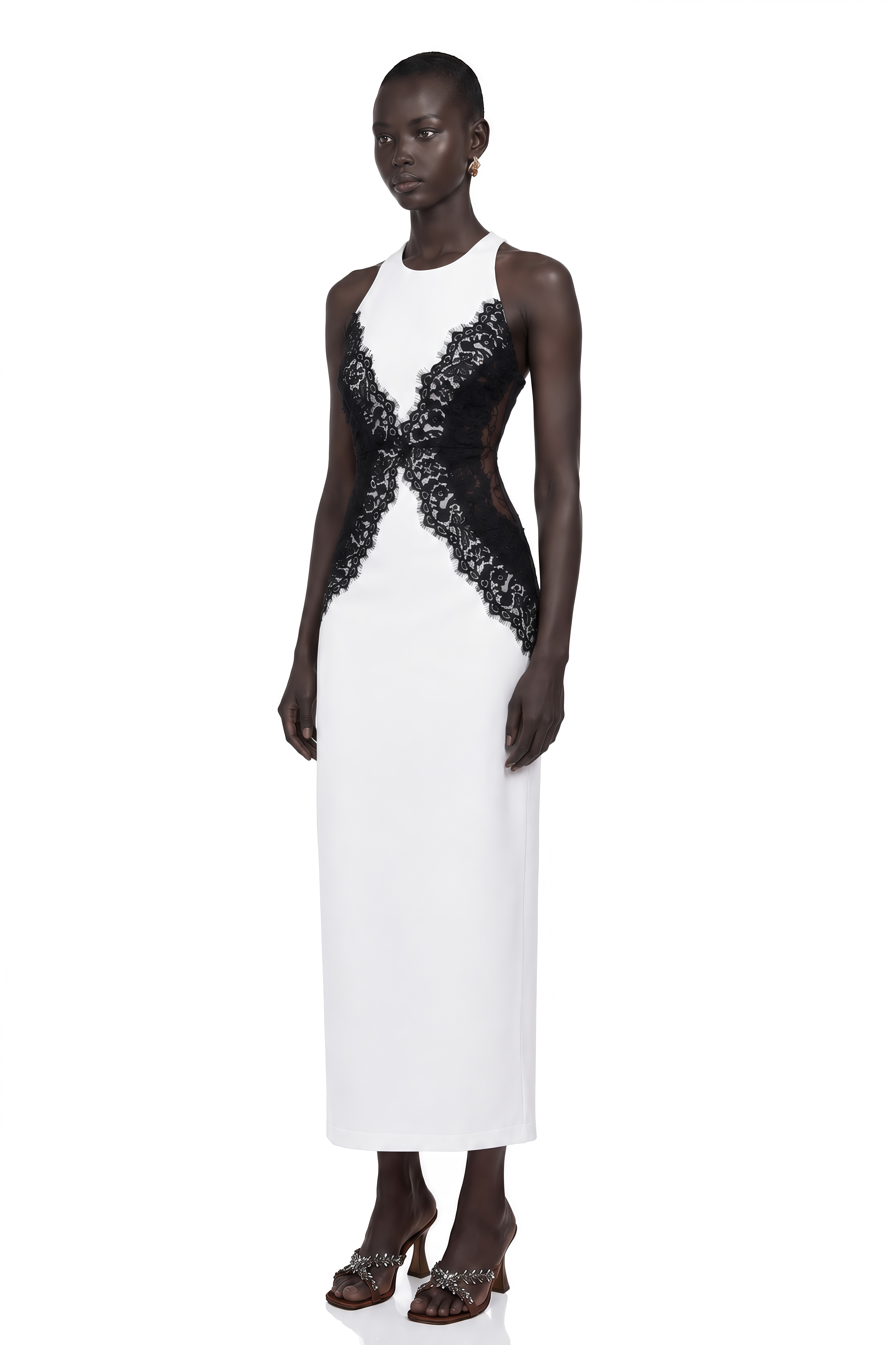 Ilaria White Halterneck Lace Panel Maxi Dress