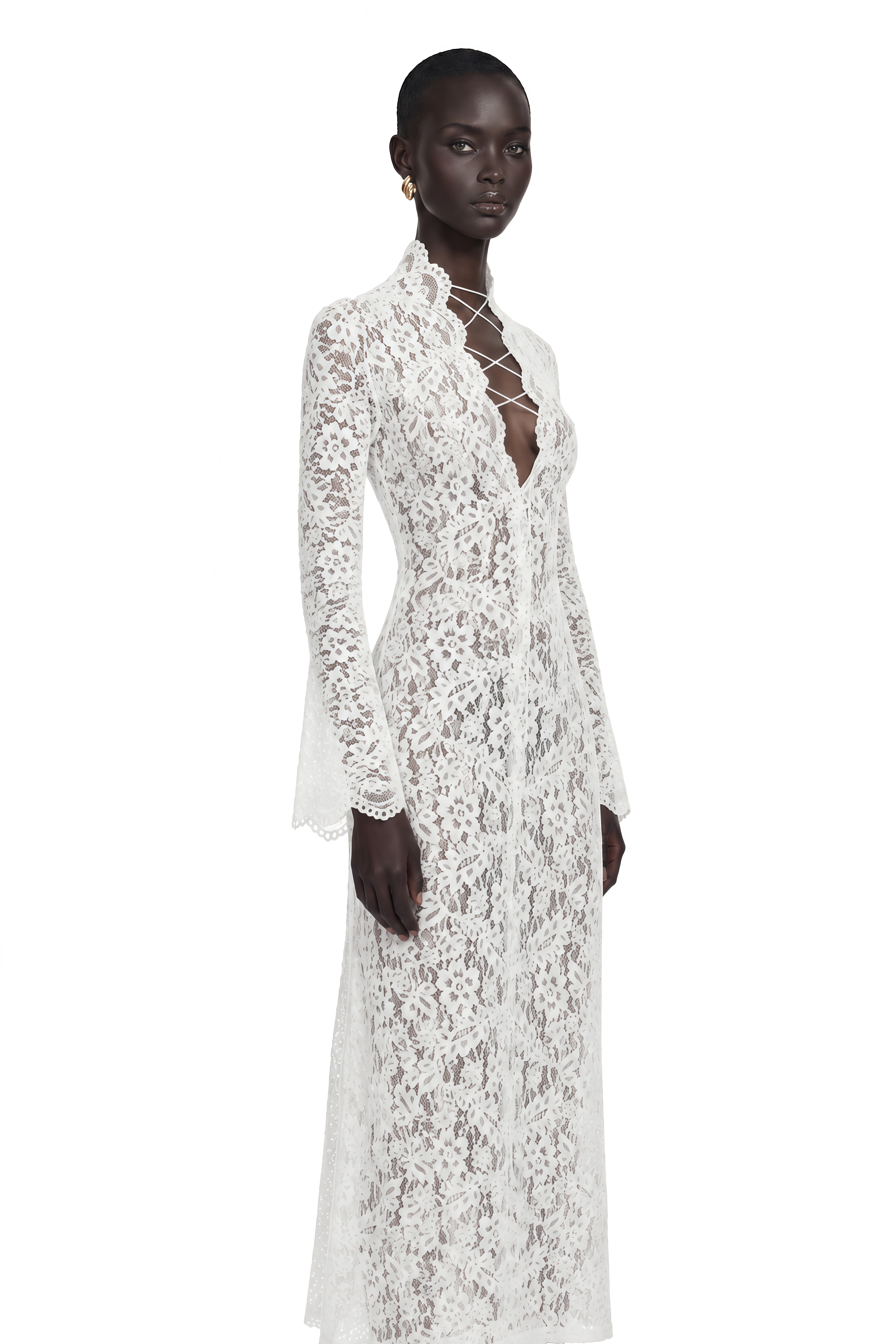 Maëlys White Floral Lace Plunge Neck Maxi Dress