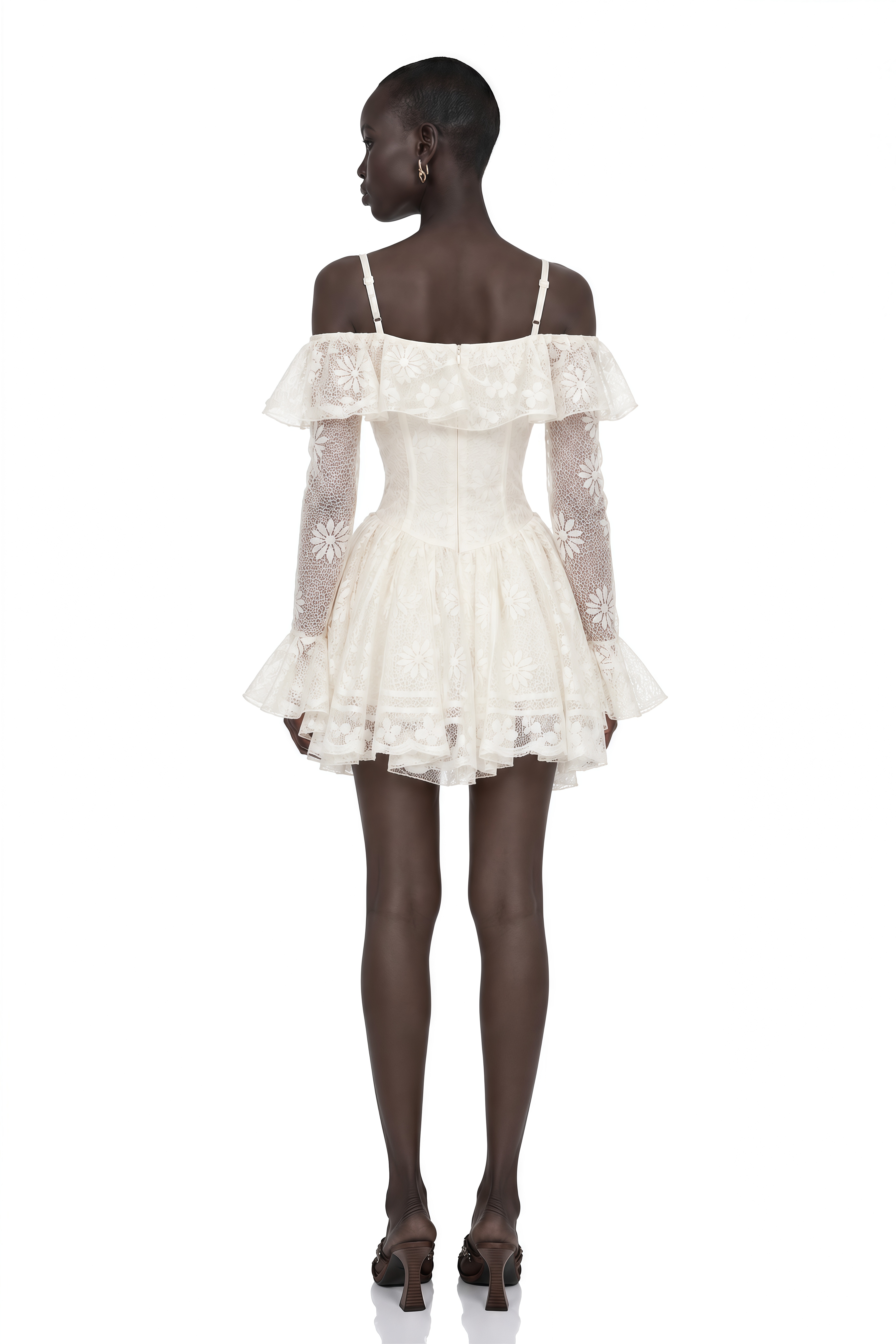 Omphale Neutral Floral Lace Ruffled Mini Dress