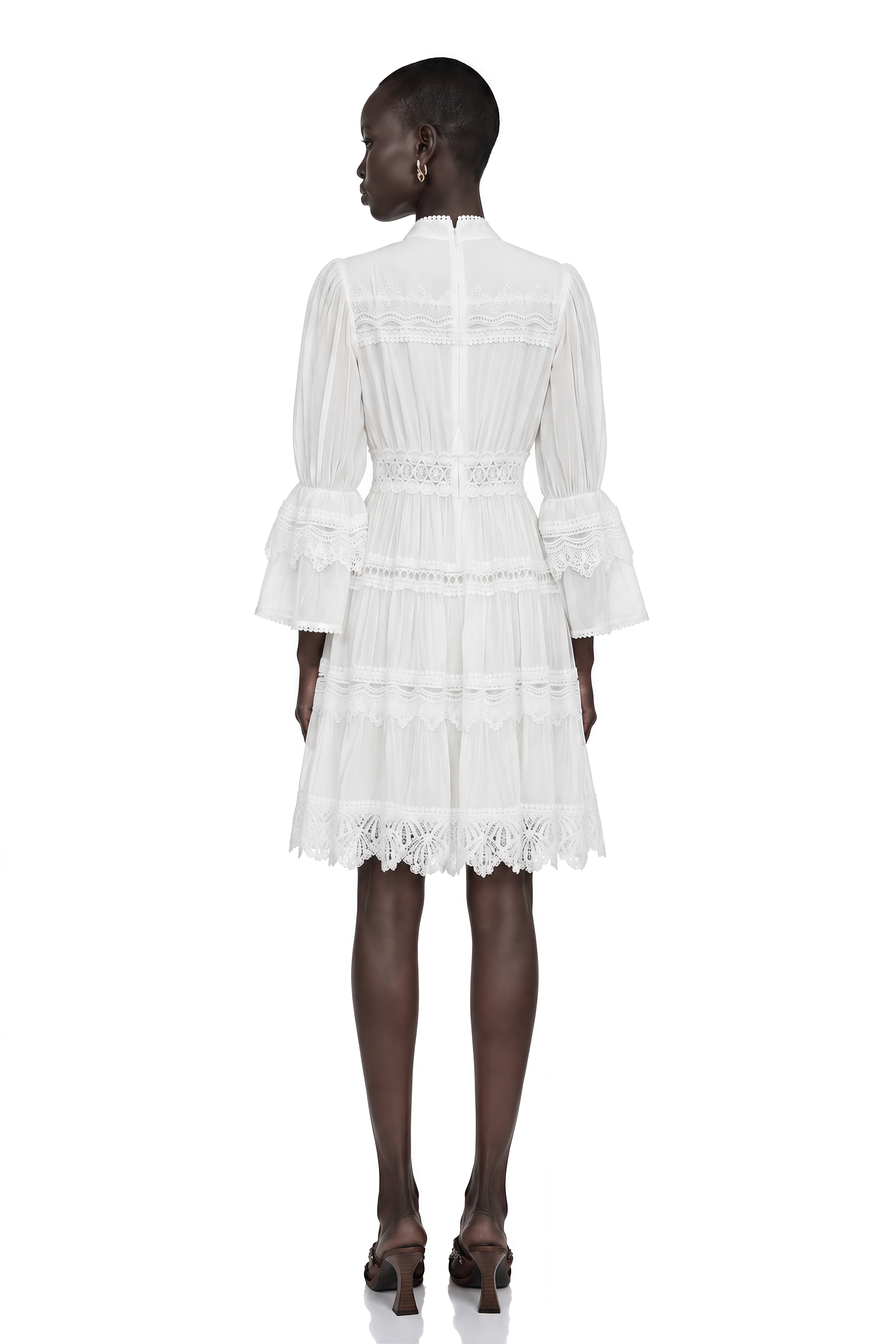 Hespera White Ruffled Floral Lace Mini Dress