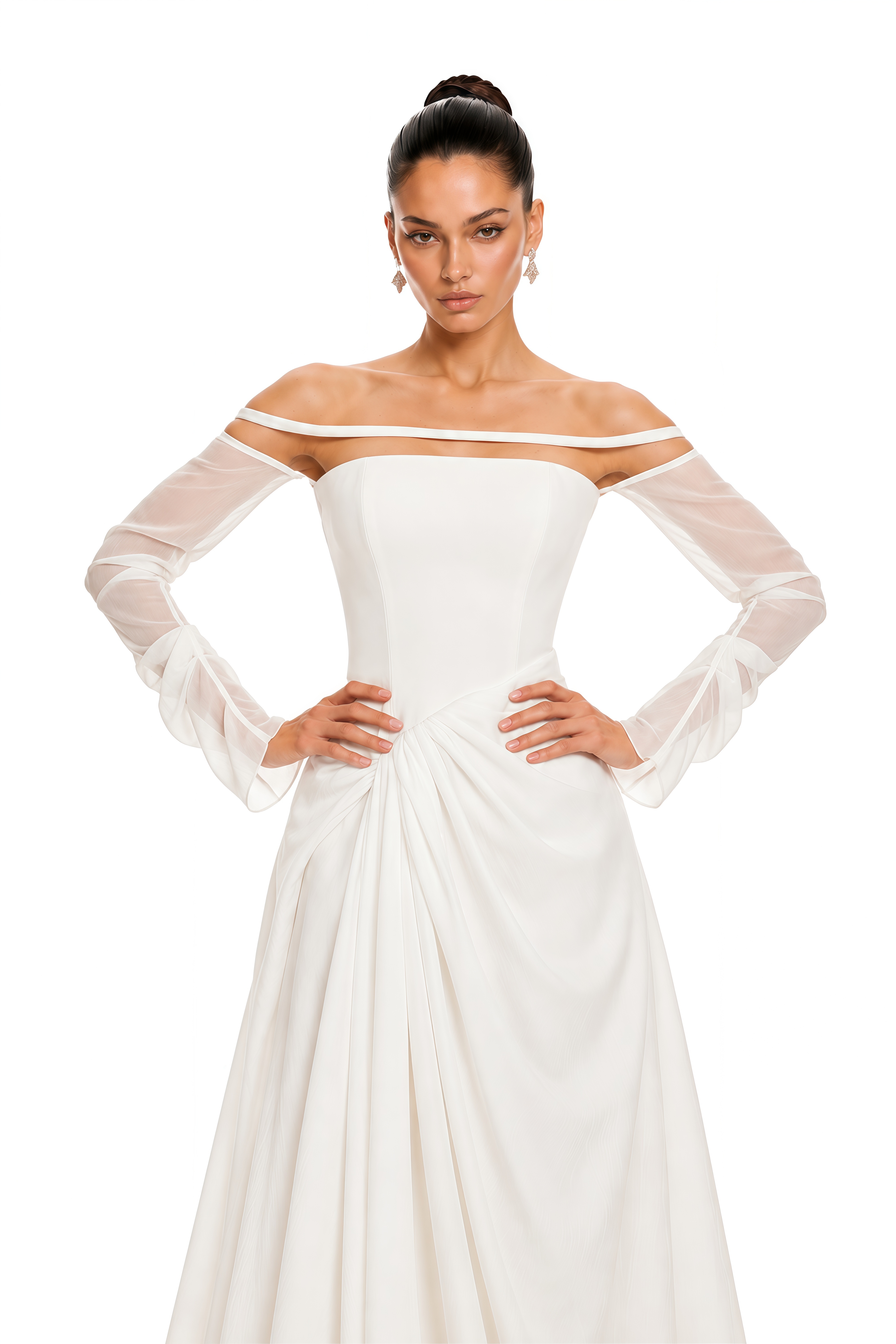 Gelsomina White Gathered Crepe Midi Dress
