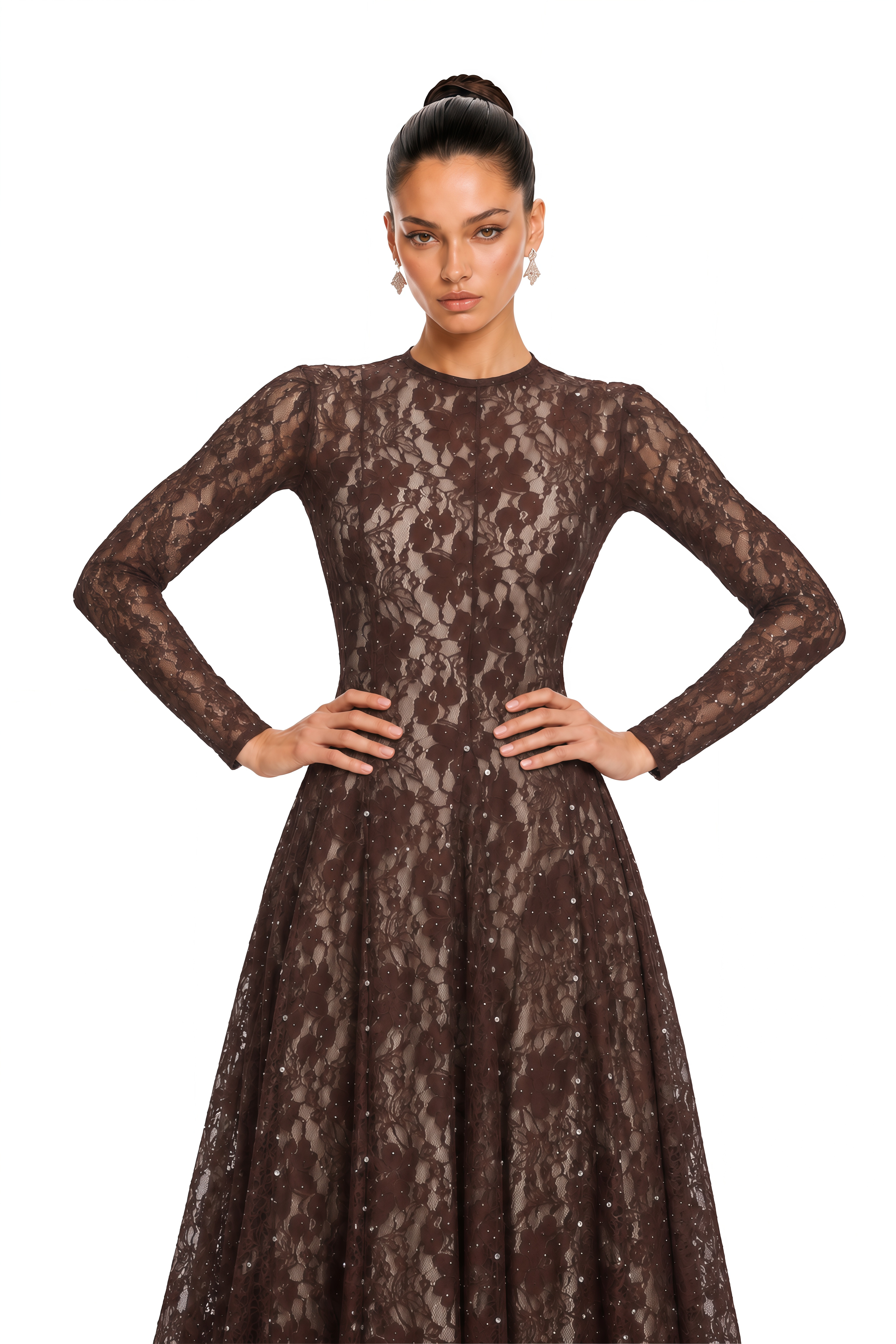 Hazel Brown Round Neck Floral Lace Maxi Dress