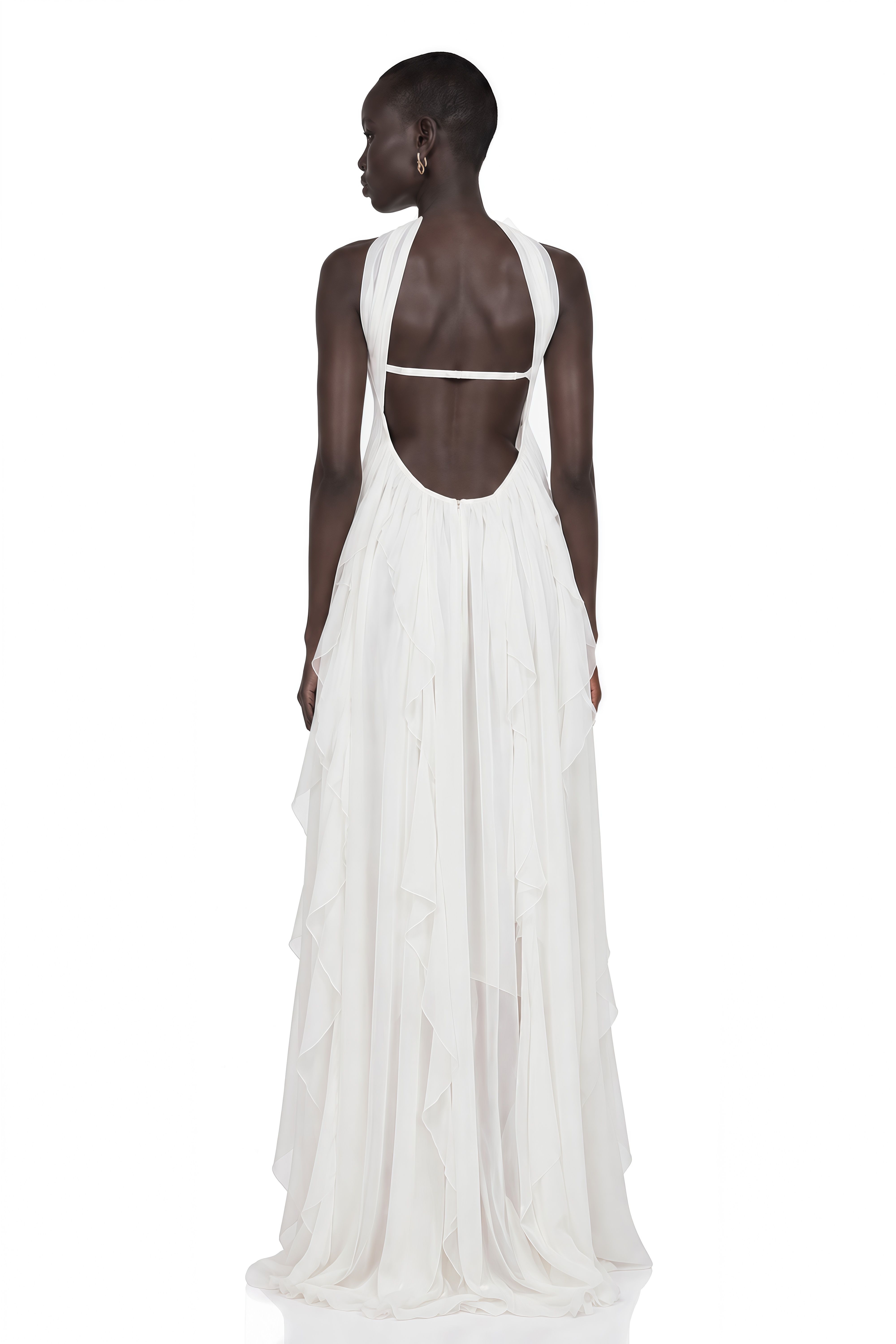 Mariah White Chiffon Ruffle Halterneck Maxi Dress