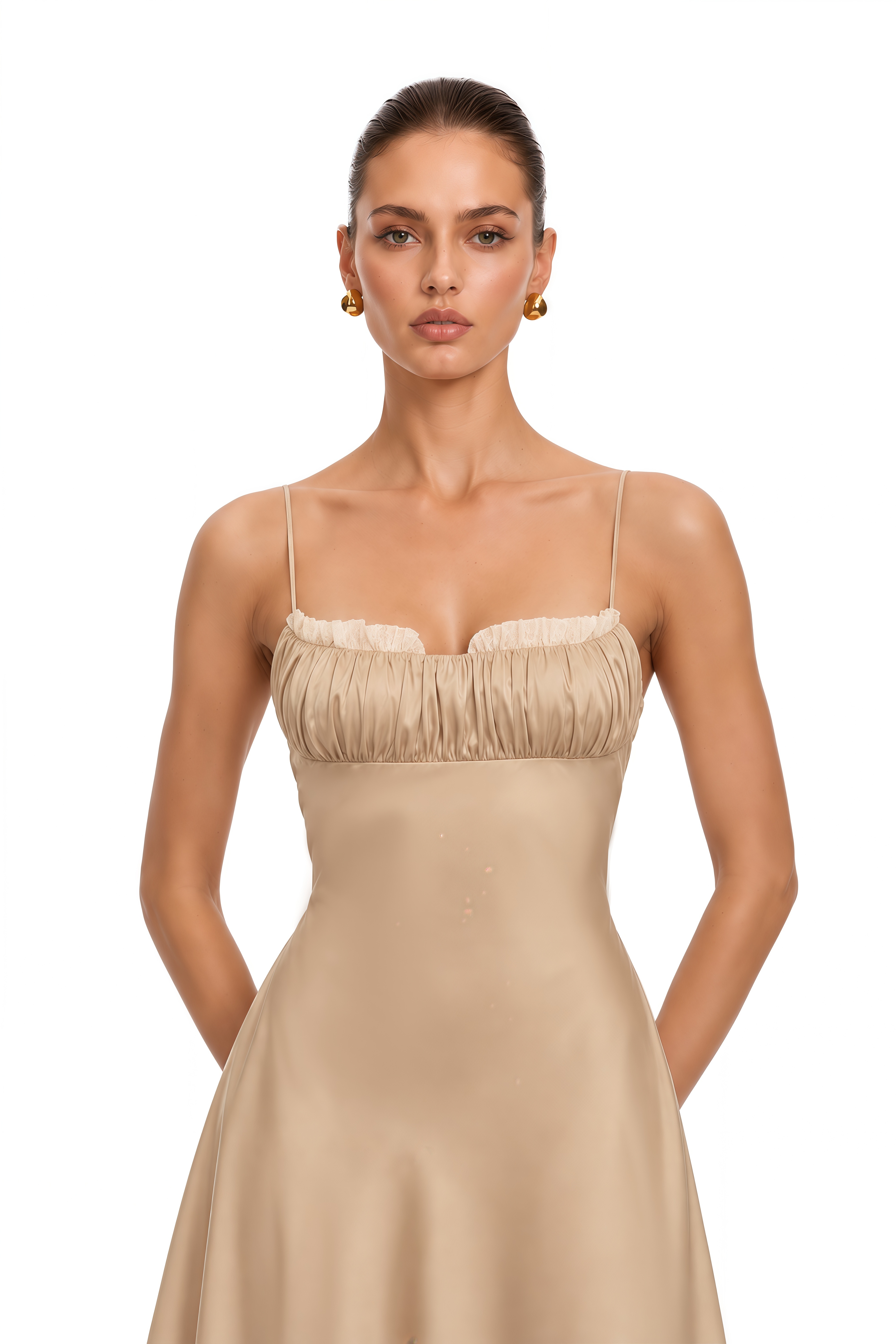 Ananias Khaki Lace Panel Satin Midi Dress