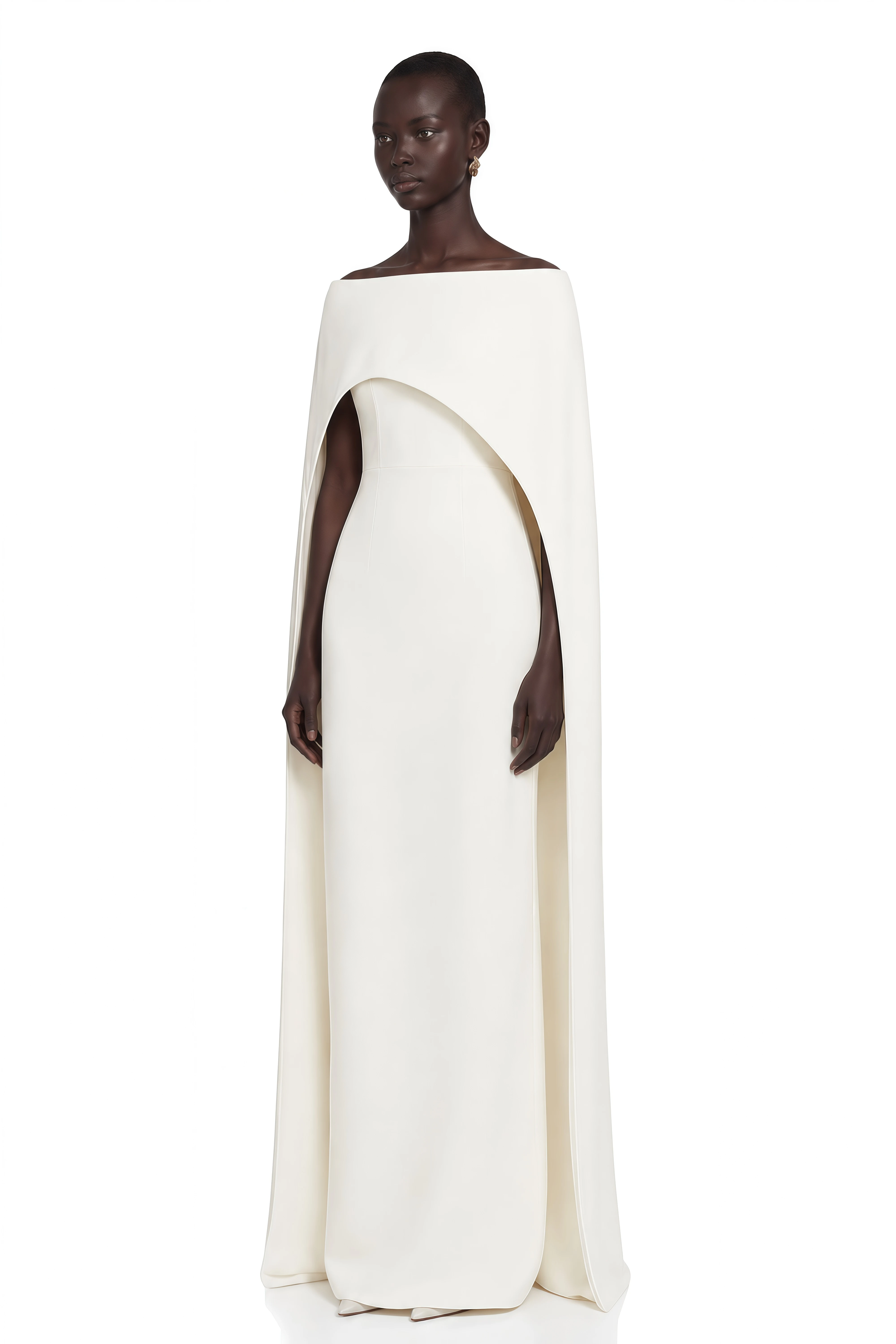 Dominique White Asymmetrical Cape Maxi Dress