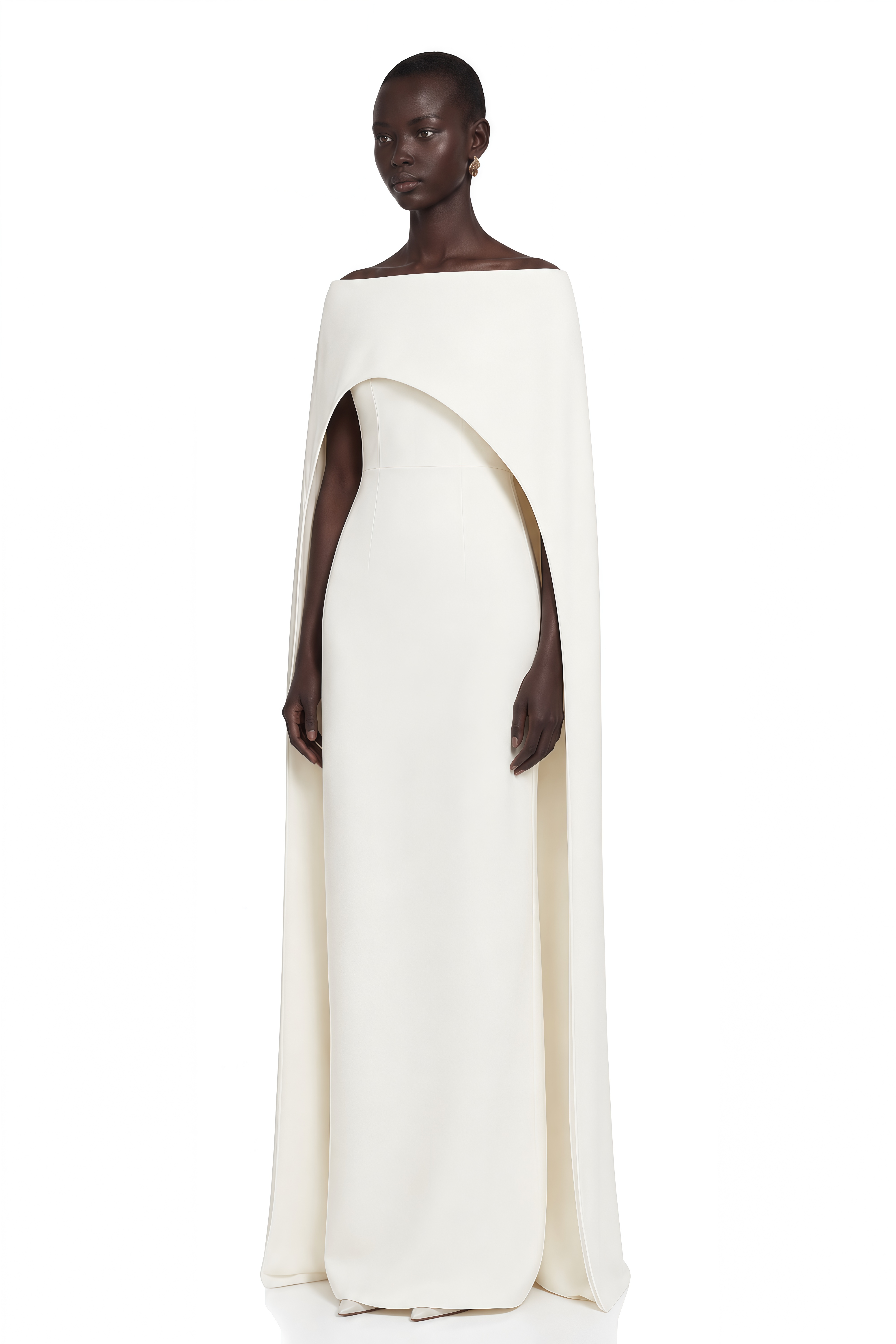 Dominique White Asymmetrical Cape Maxi Dress