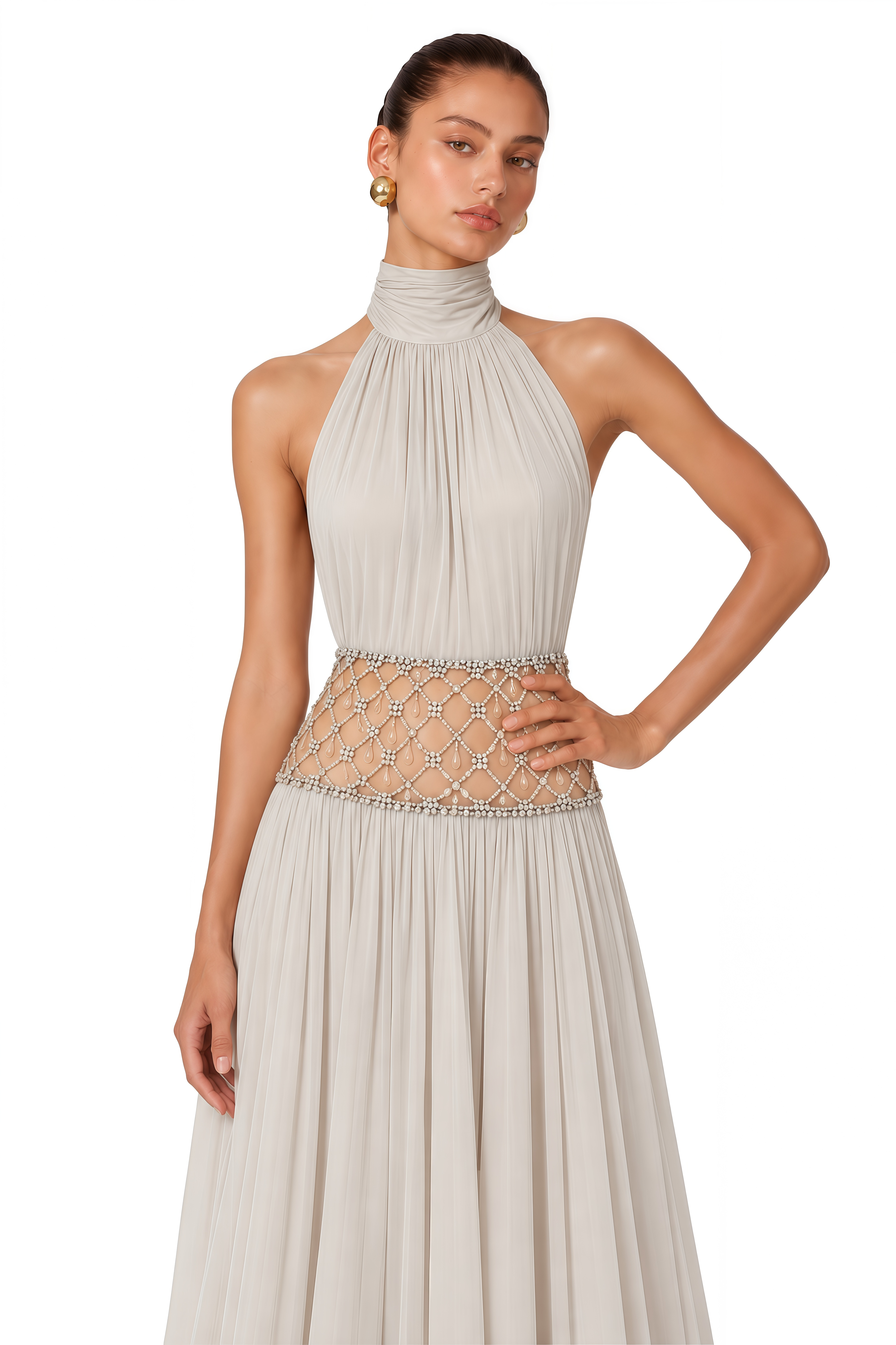 Sophie Almond Grey Embellished Ruched Maxi Dress