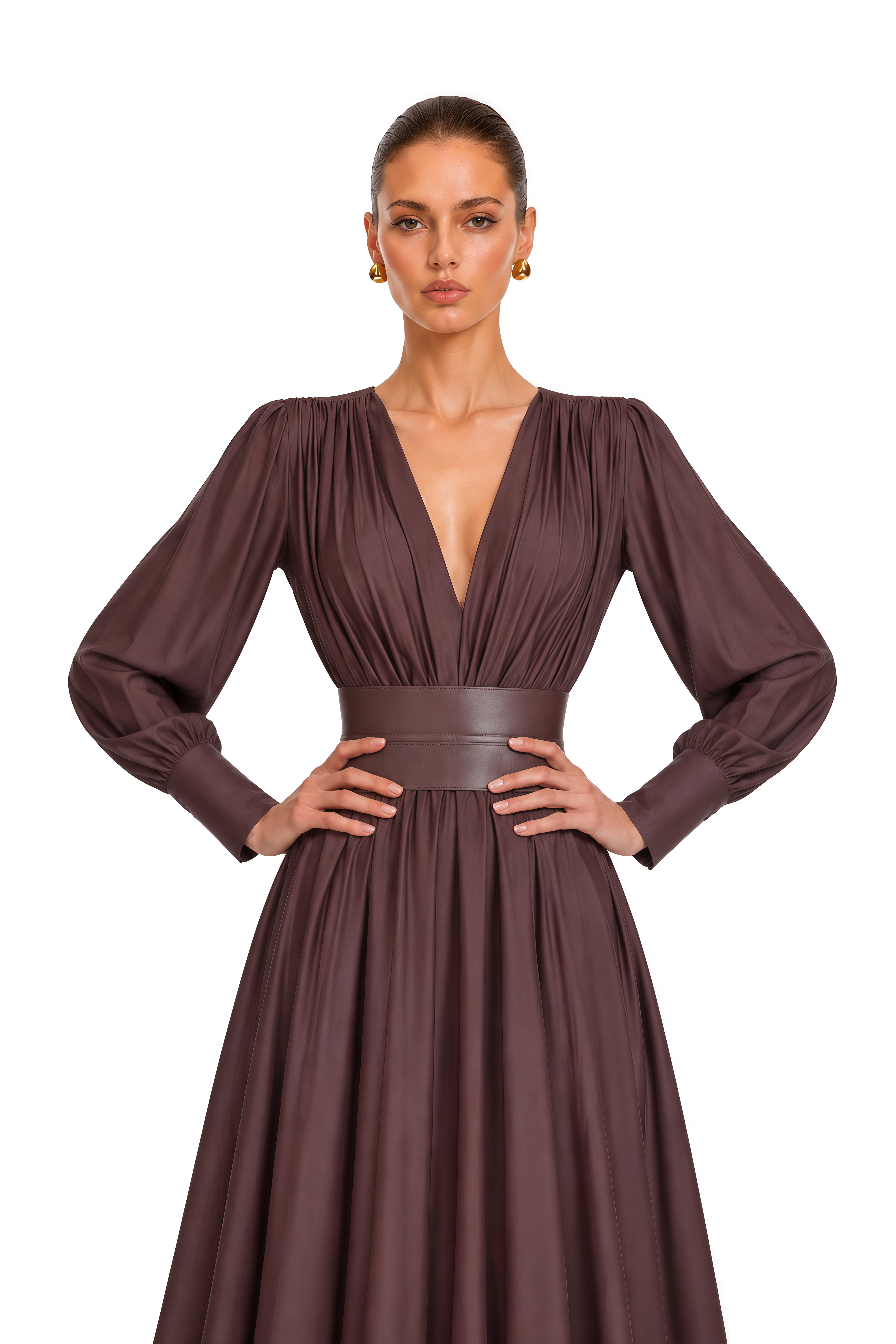 Eleanore Chocolate Brown V-Neck Ruched Maxi Dress