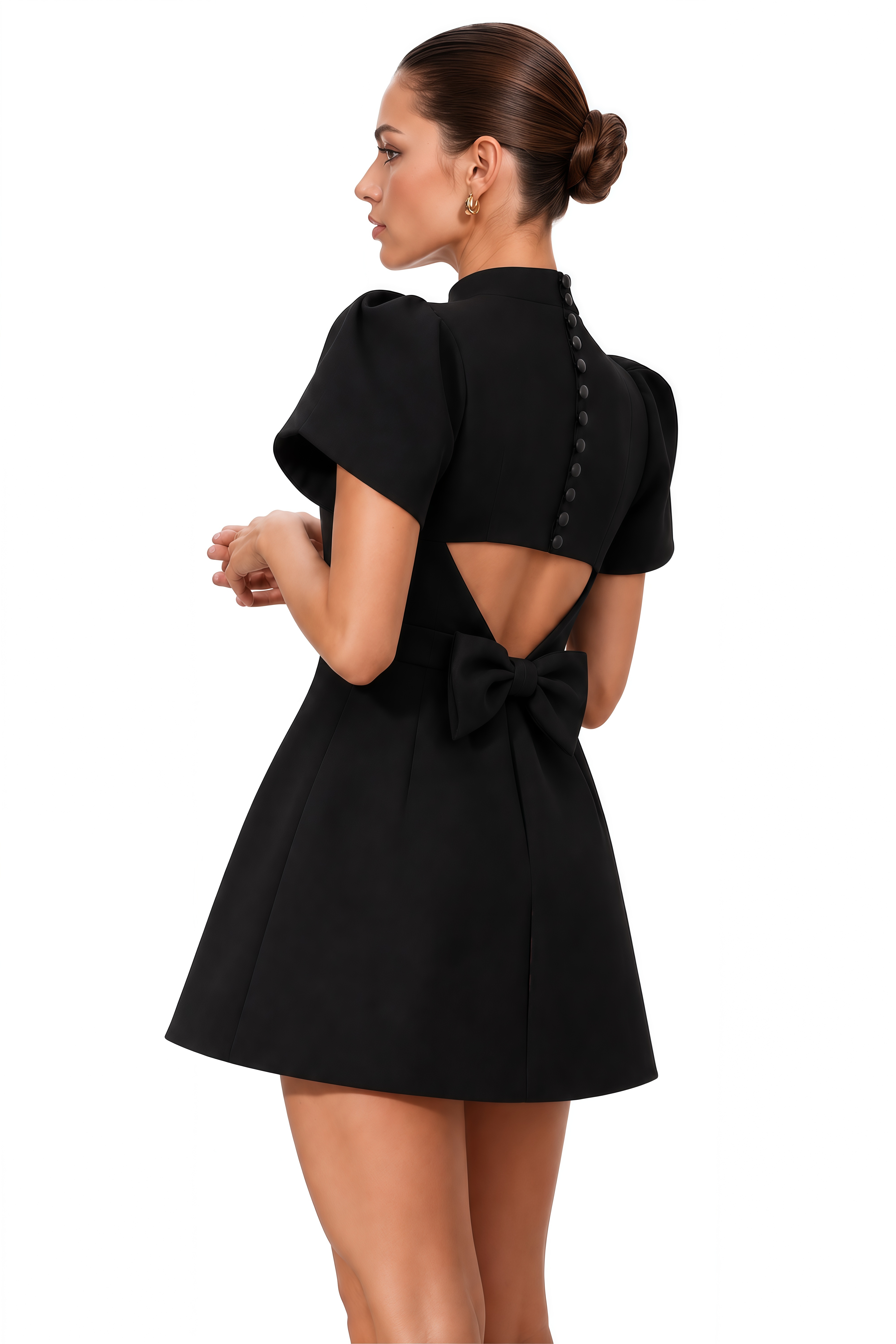 Anna Black Petal-Sleeve Cut-Out Bow Mini Dress