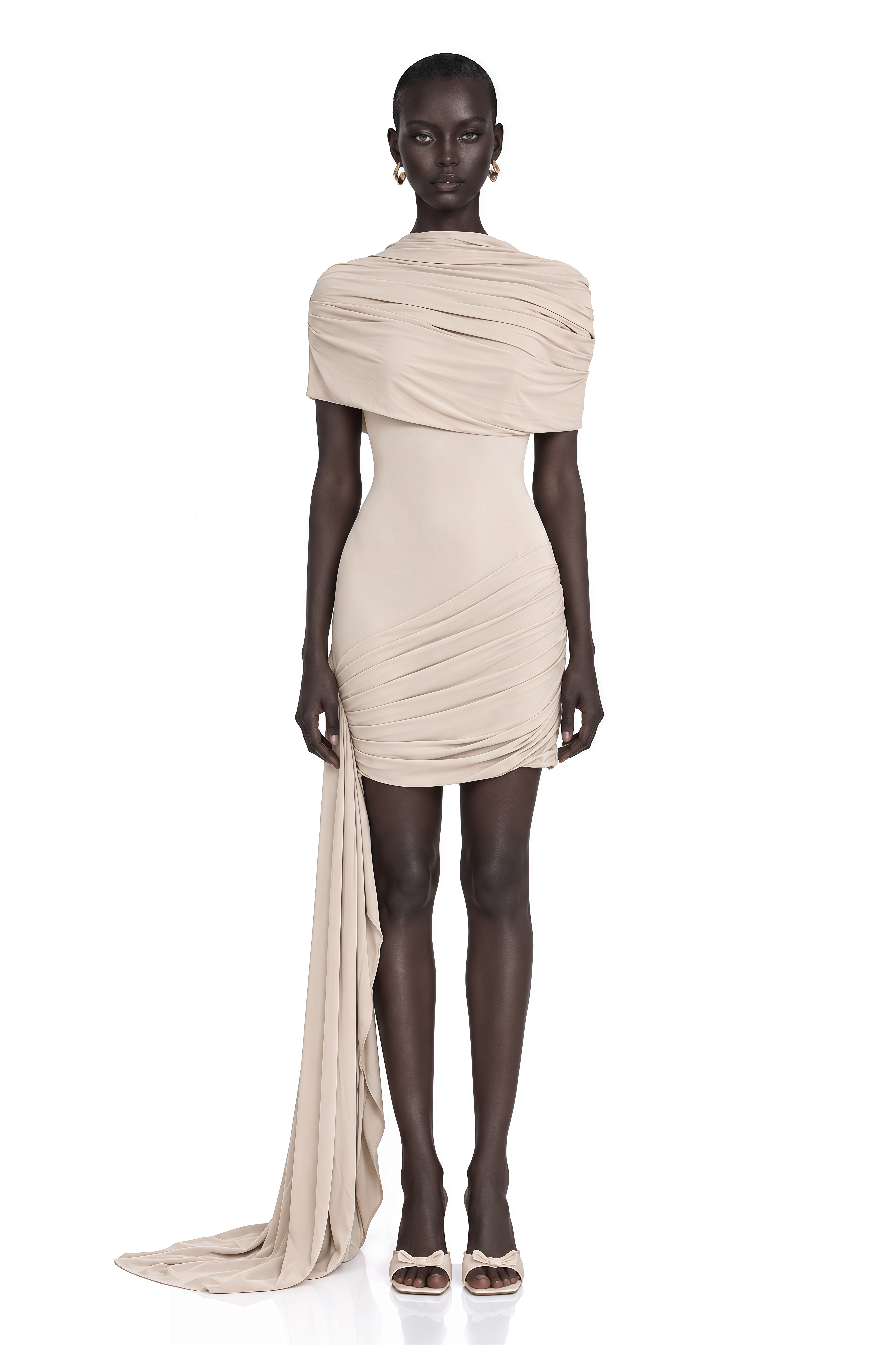 Gaëlle Neutrals Cape-Design Ruched Fitted Mini Dress