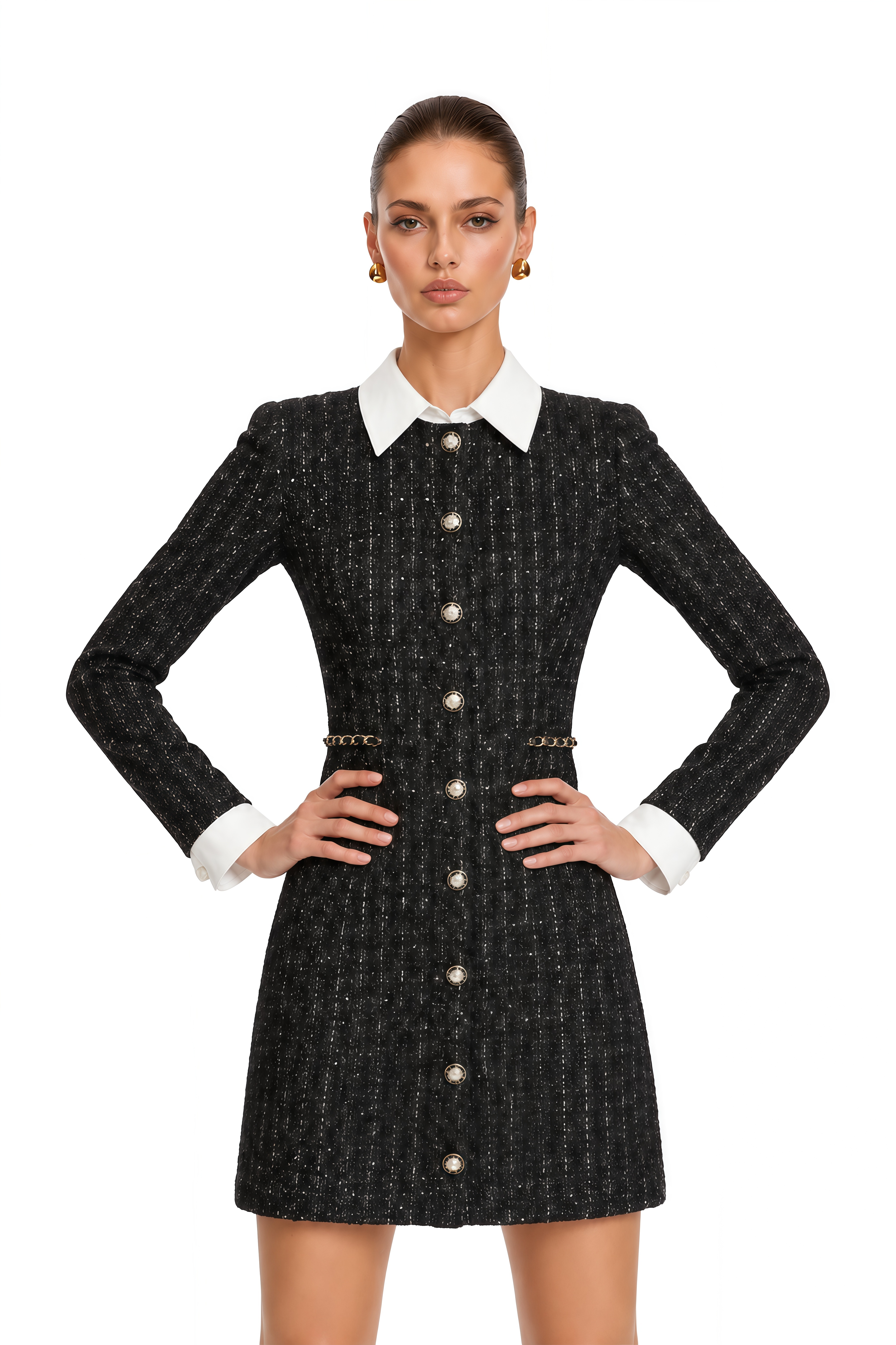 Audrey Black Sequin Paneled Tweed Mini Dress