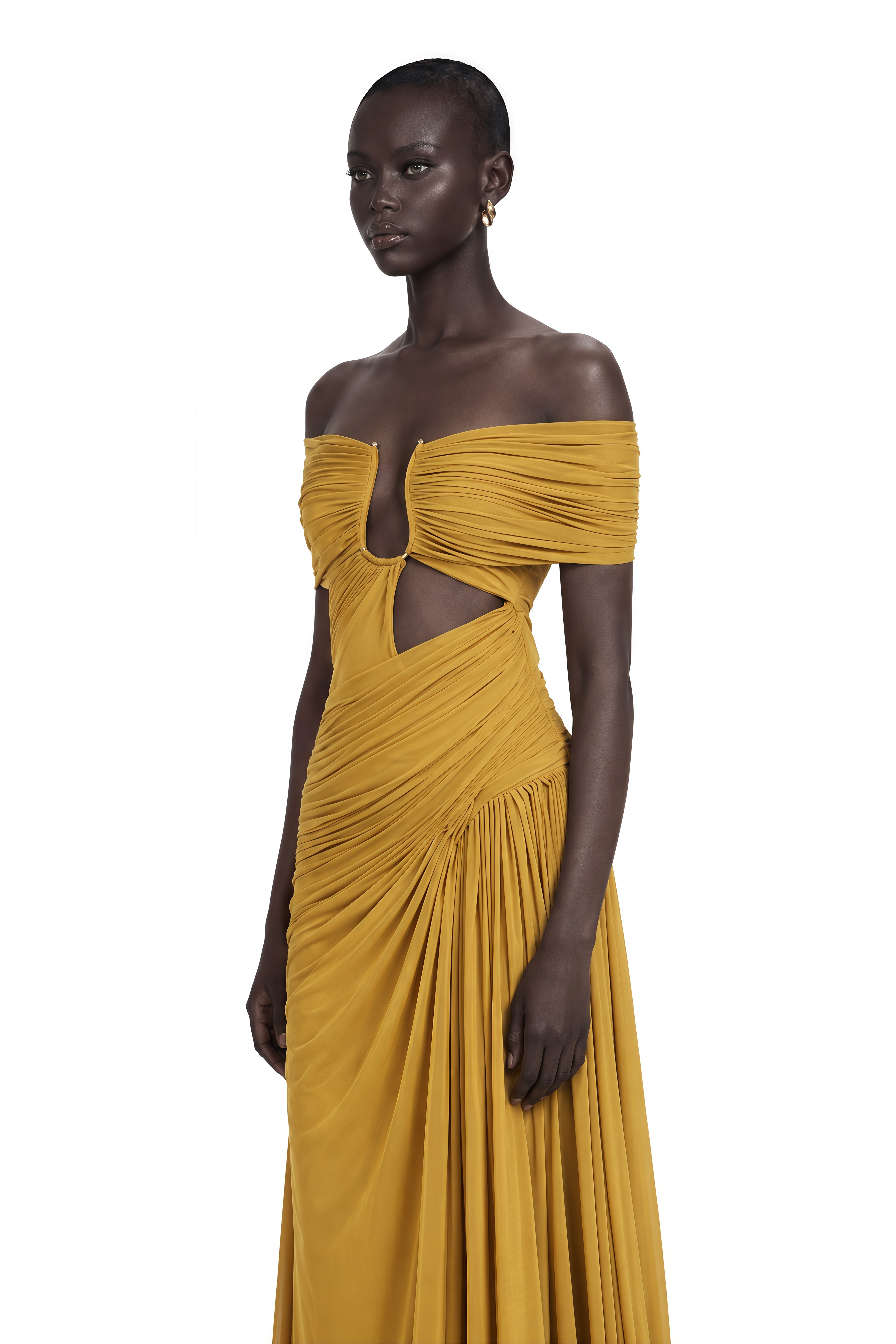 Ludivine Ocher Off-Shoulder Cut-Out Ruched Maxi Dress