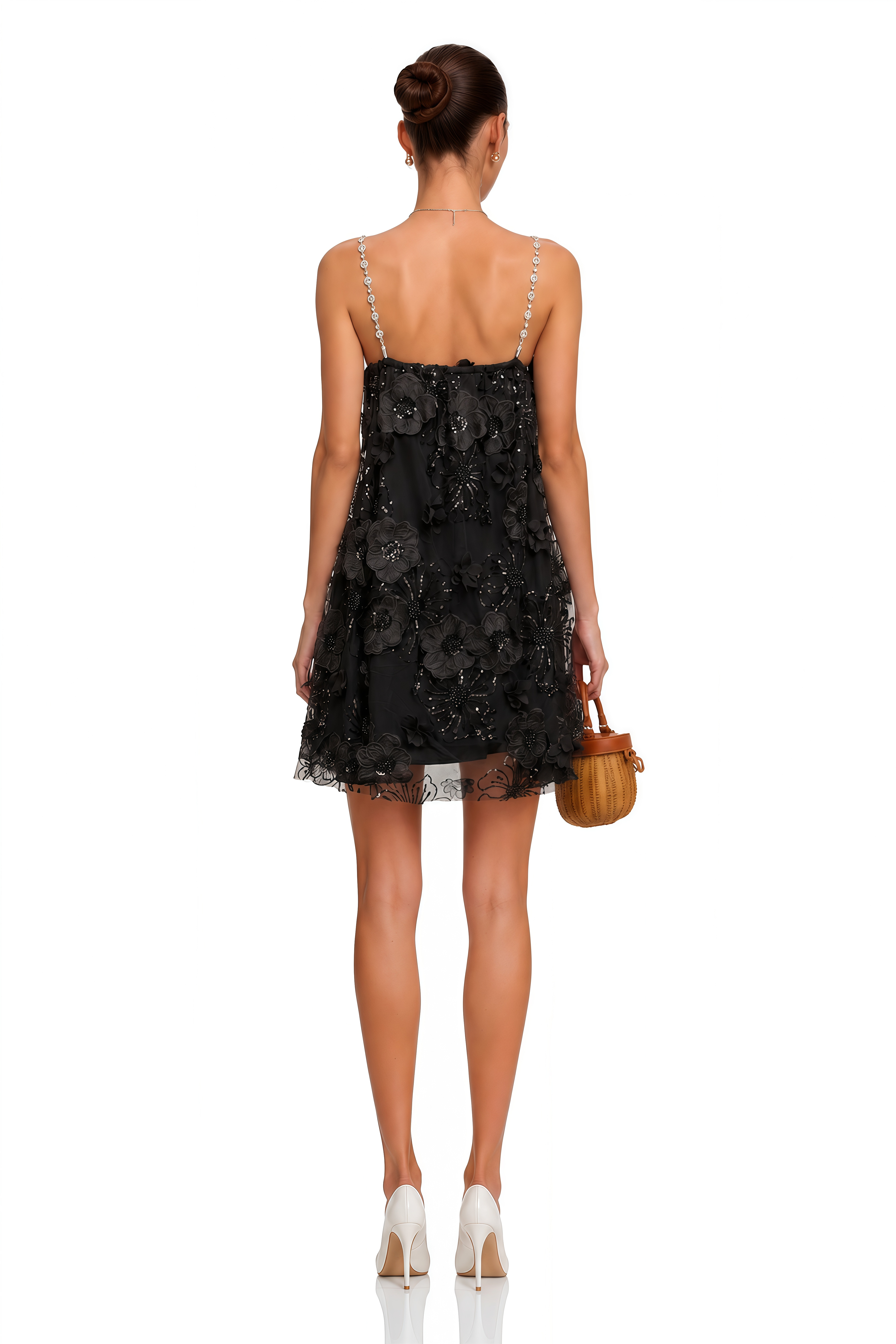 Suzette Crystal-Embellished Floral Mini Dress in Black