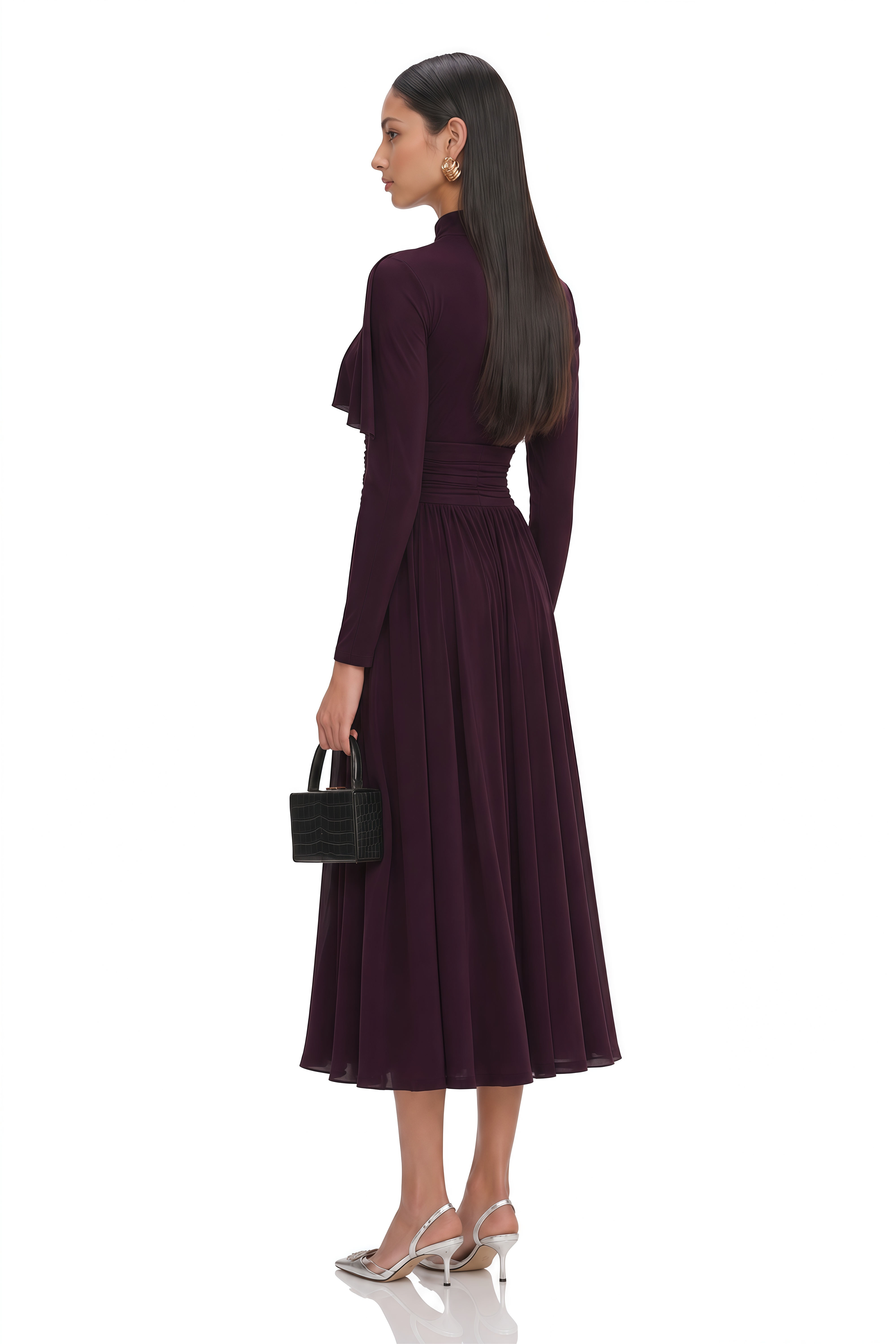 Camille Red Ruched Midi Dress with Flap Design Detail
