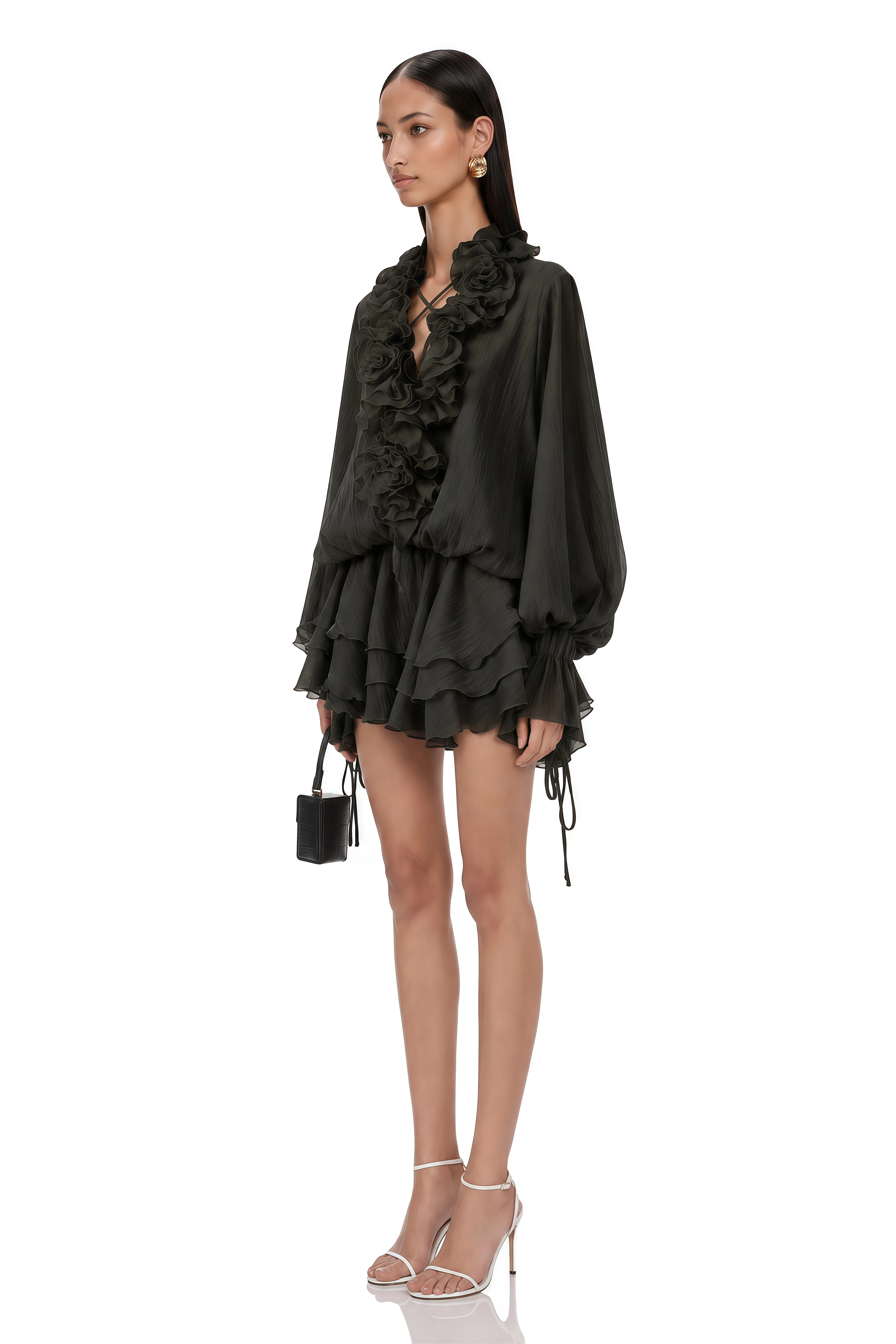 Zéphyrine Floral-Appliqué Tiered Mini Dress in Black
